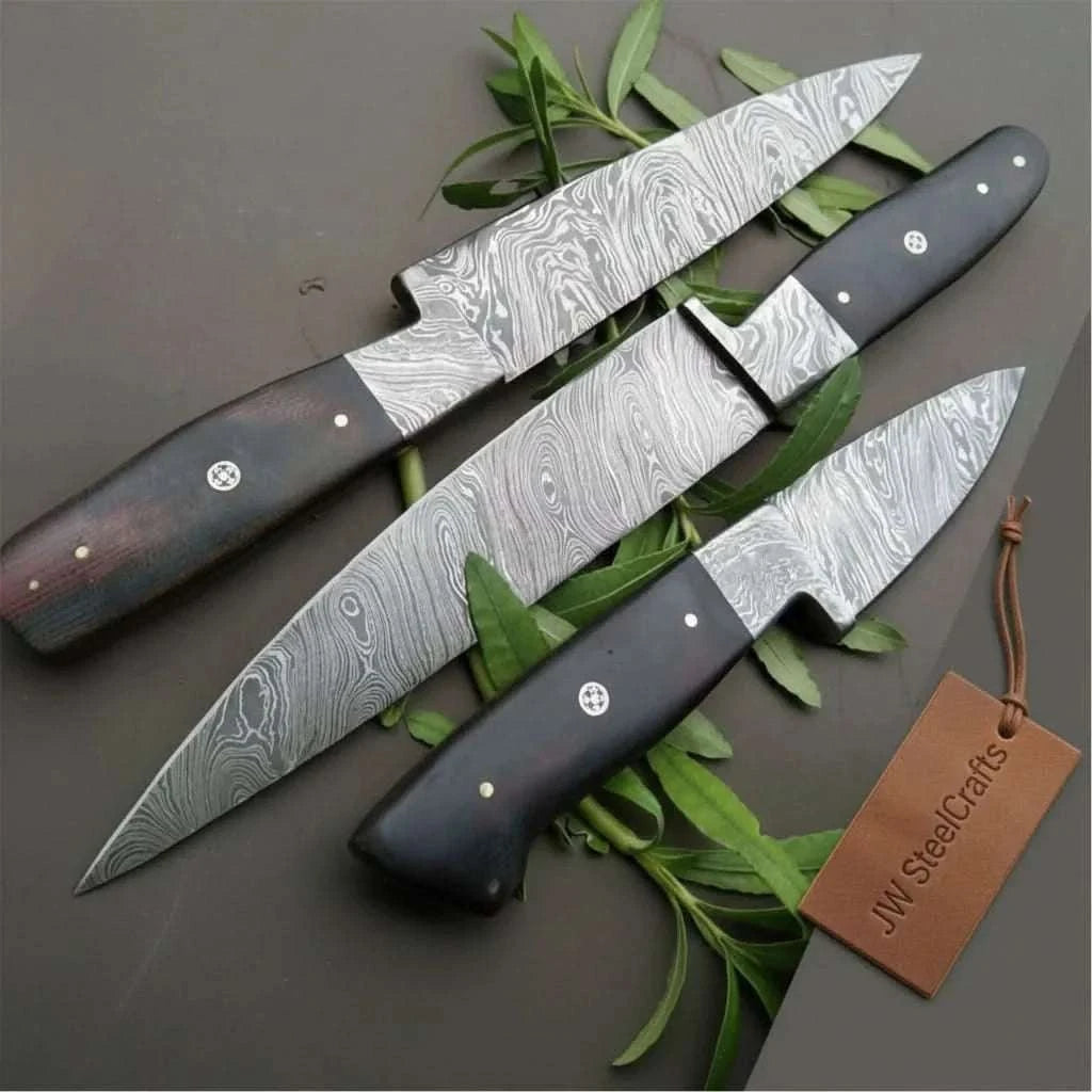 Palmarius Outdoors 3-Piece Twisted Damascus Knife Set with Black Micarta Handles Handmade Chef Knife Sets