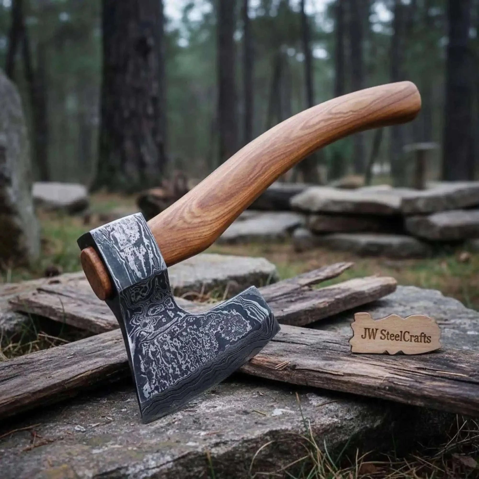 Palmarius Outdoors Historical Scandinavian Skeggøx — Curved Hardwood Handle with Hand-Forged Damascus Head Handmade Axe