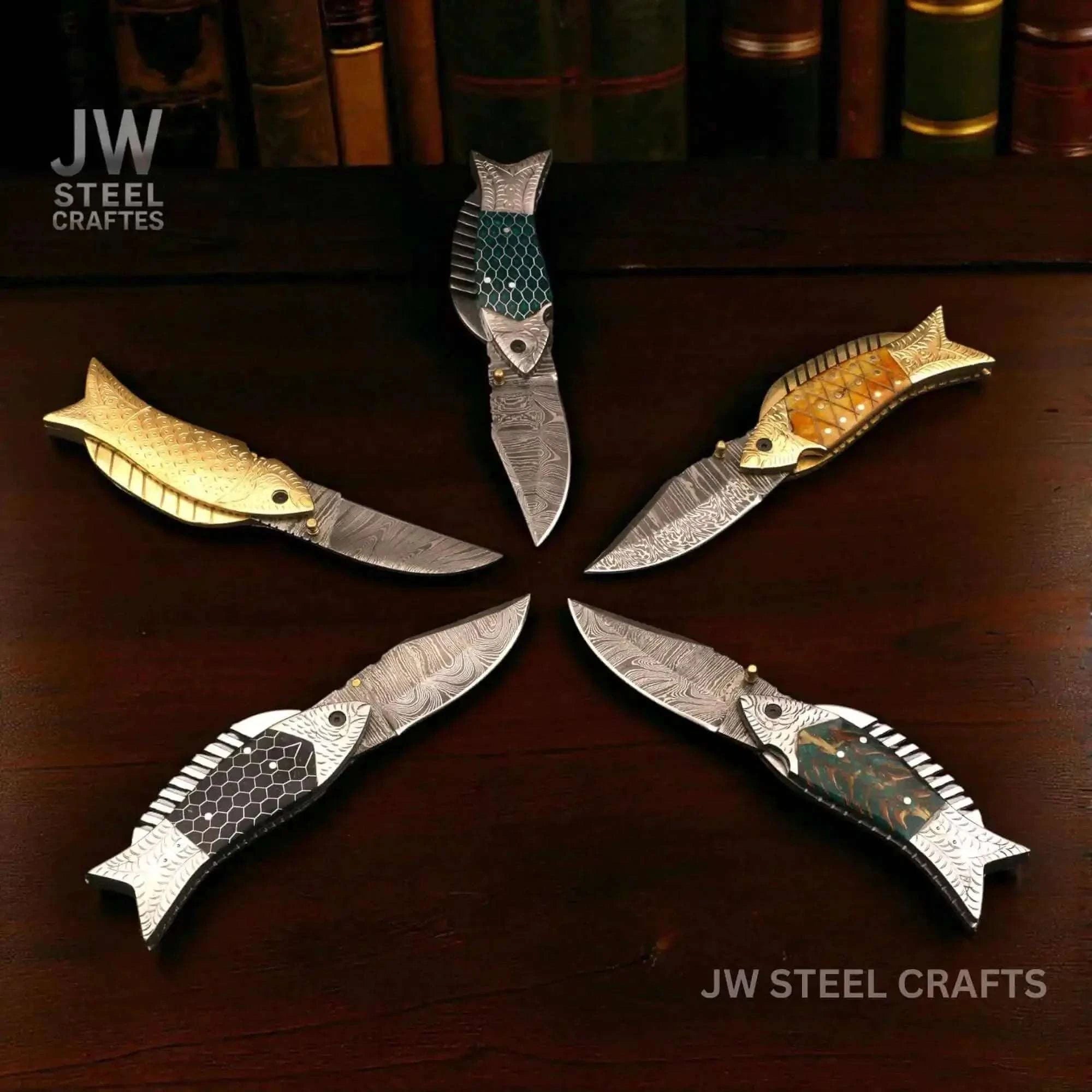 Palmarius Outdoors Damascus Fish Folding Knife Set with Hand-Engraved Fish Handles Liner Lock Folder