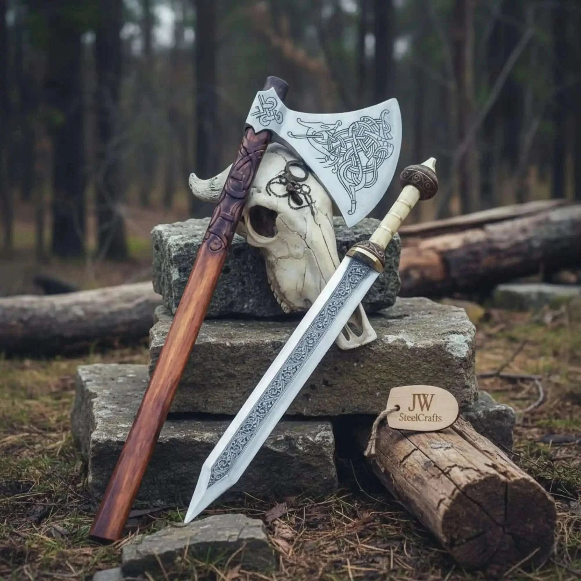 Palmarius Outdoors Custom Handmade Stainless Steel Double Handed Viking axe set with Handmade Gladius piece Handmade Axe