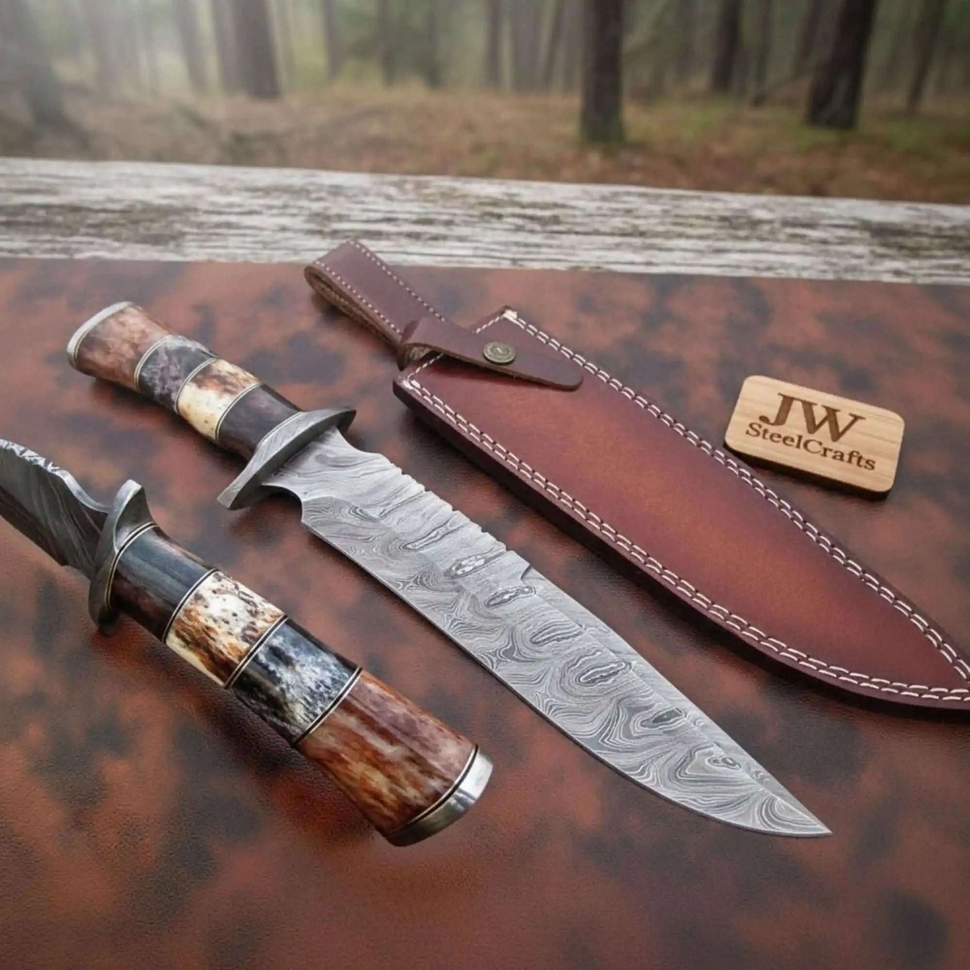 Palmarius Outdoors Handcrafted Frontier Clip Point Bowie Knife in Forged Damascus Steel Coffin Handle Bowie Knives