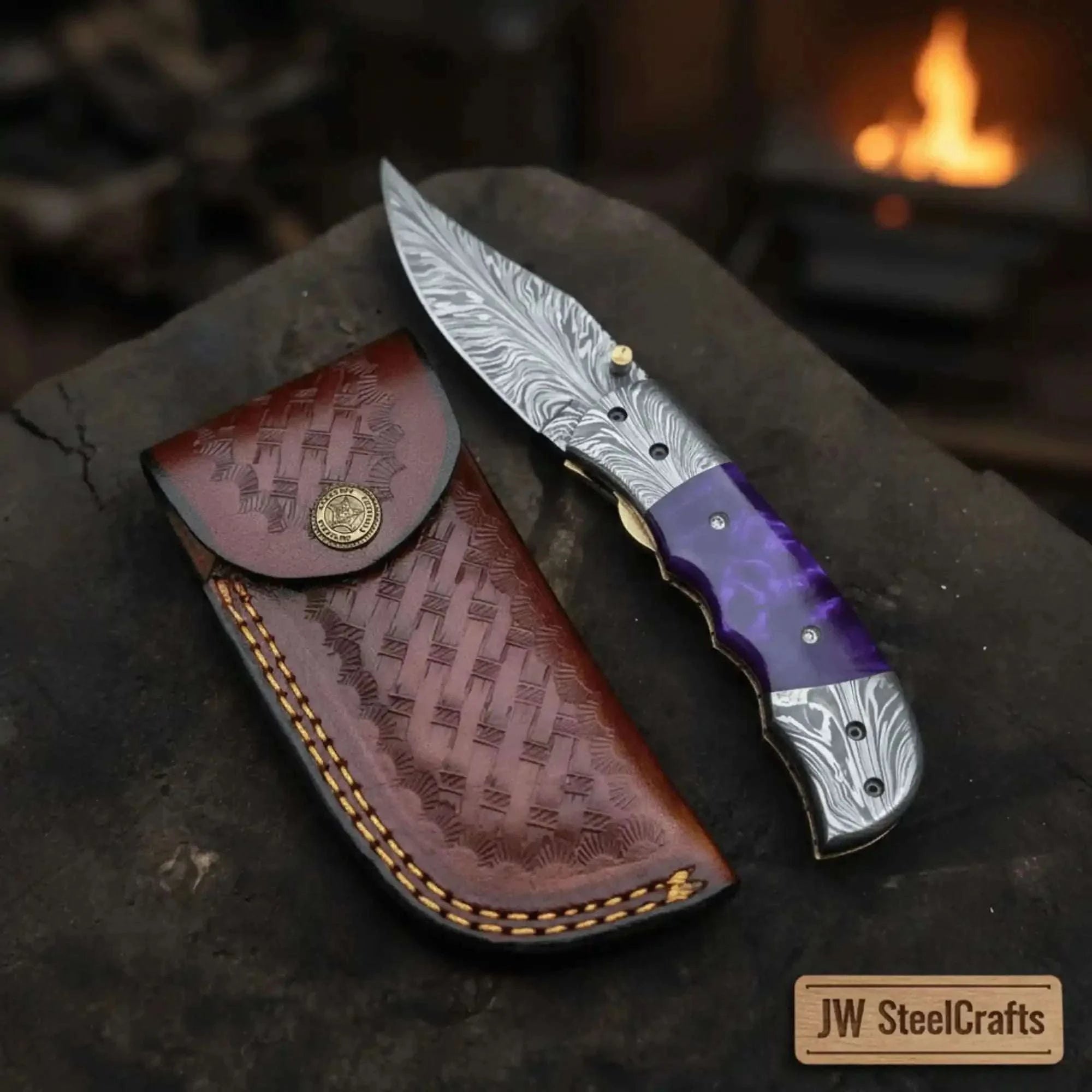 Palmarius Outdoors Purple Feather Damascus Folder with Purple Resin Handle Liner Lock Folder
