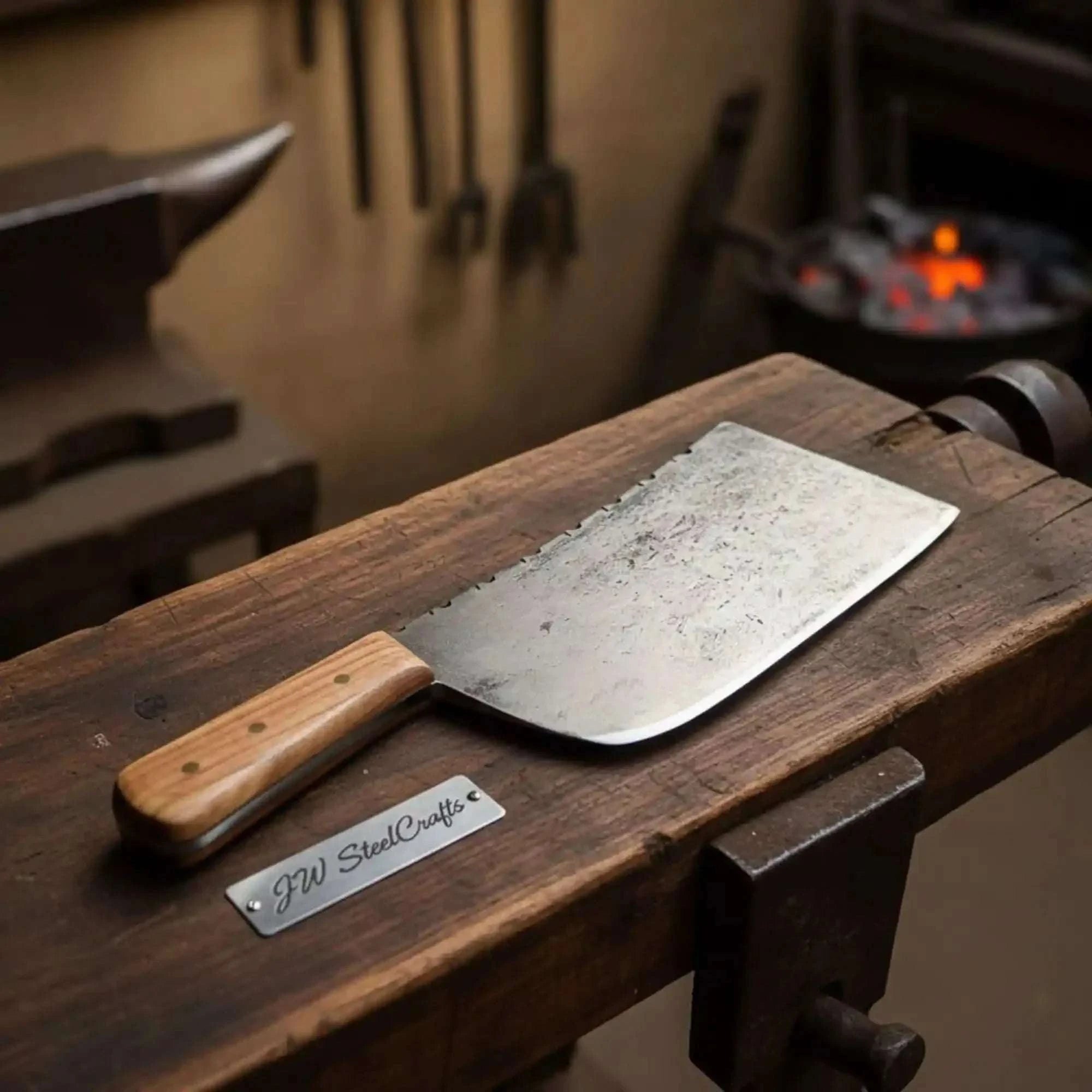 Palmarius Outdoors 14-Inch Forged High Carbon Steel Butcher Cleaver — Filework Spine & Natural Hardwood Handle Cleaver Knives