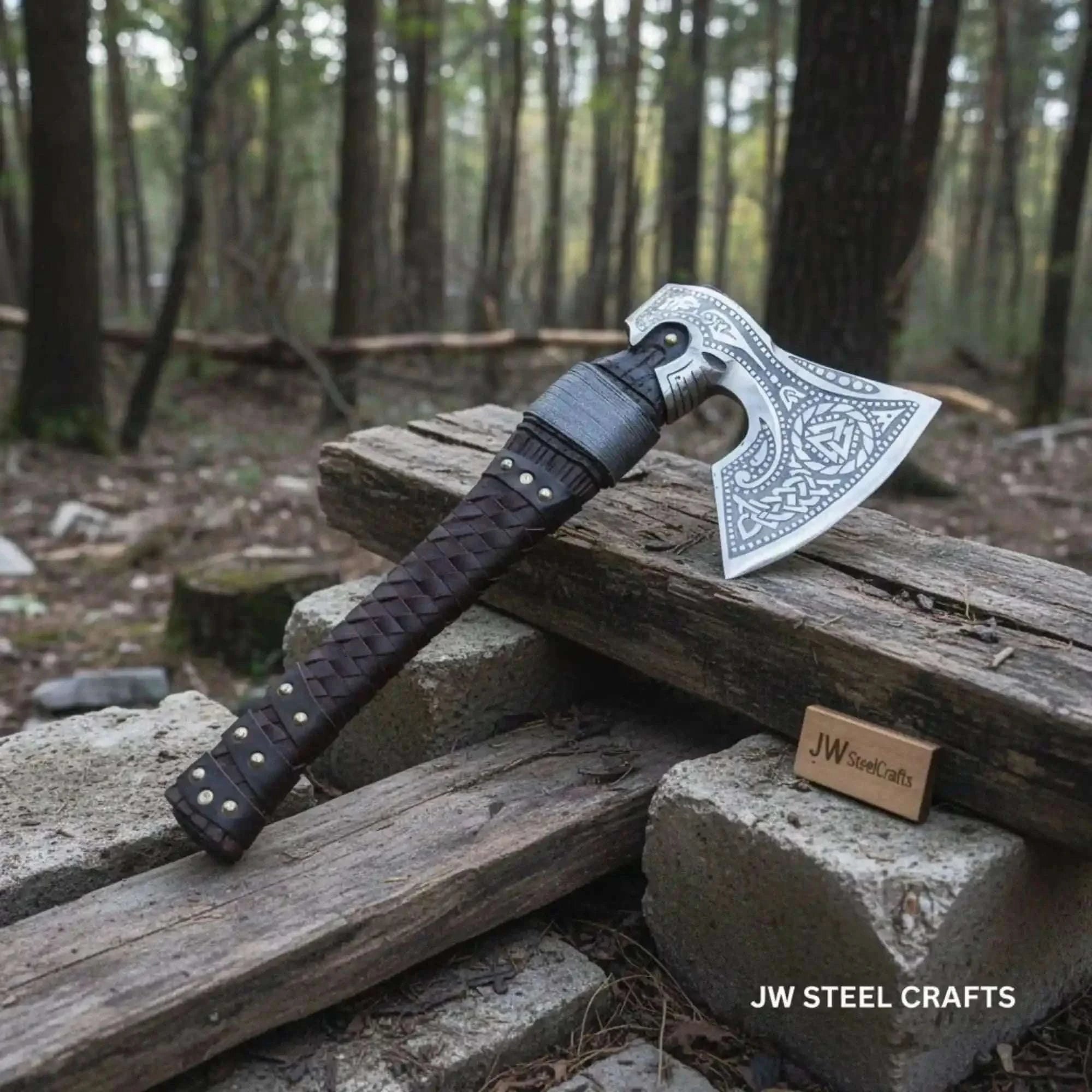 Palmarius Outdoors Engraved Norse Valknut Hatchet with Braided Leather Handle Handmade Axe