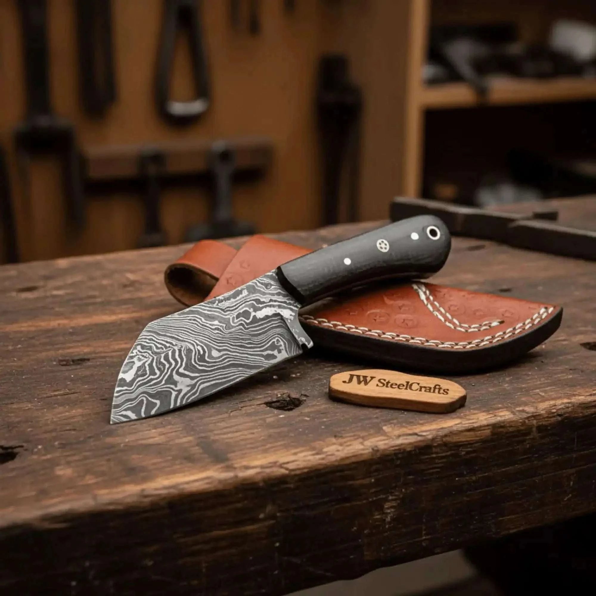Palmarius Outdoors 3" Blade Forged Damascus Skinning Knife — Black Micarta Handle & Leather Sheath | JW SteelCrafts Skinner Knife