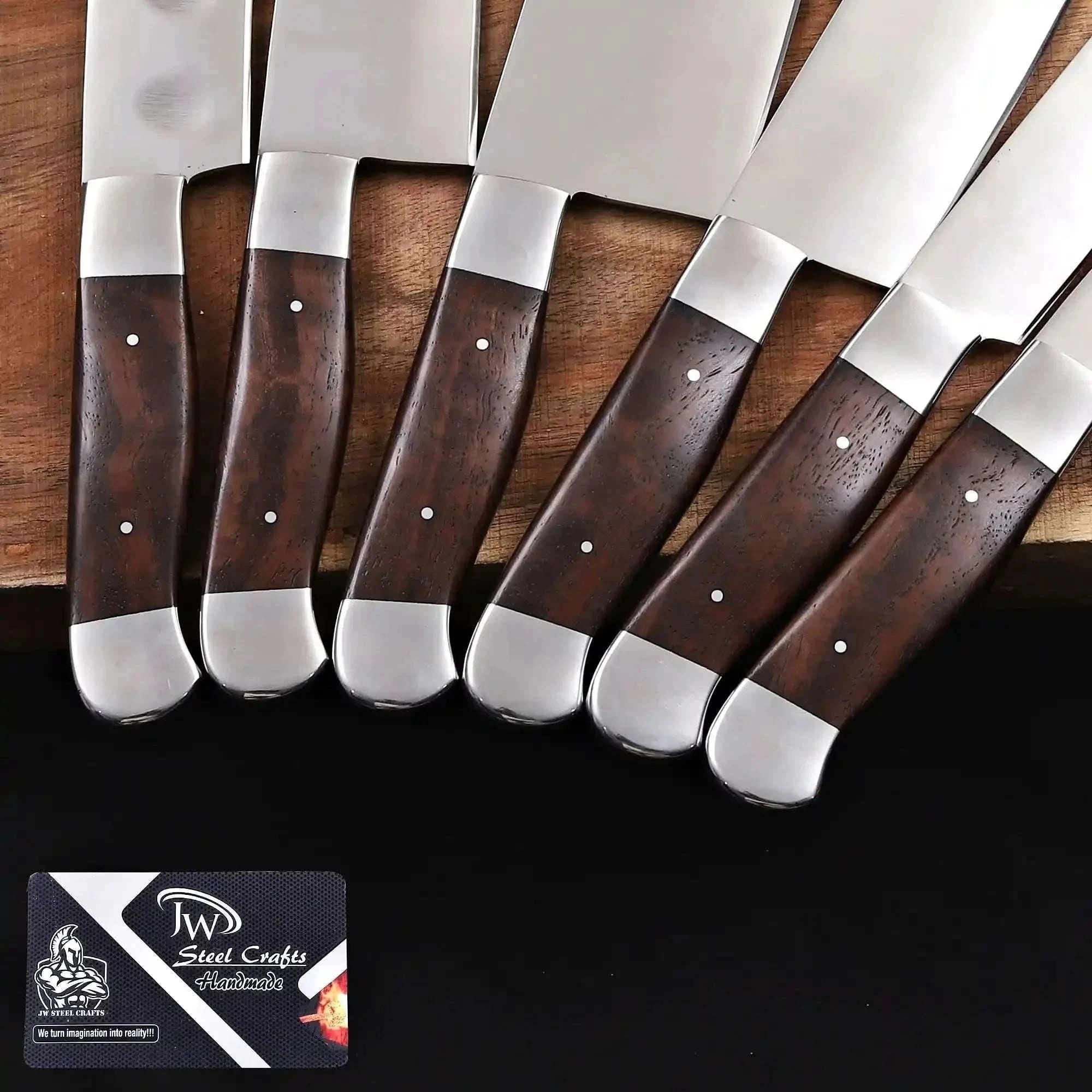 Palmarius Outdoors 6-Piece High Carbon Steel Kitchen Knife Set with Leather Roll — Olive Wood Handles, Steel Bolsters, 7 to 12 Inc Handmade Chef Knife Sets
