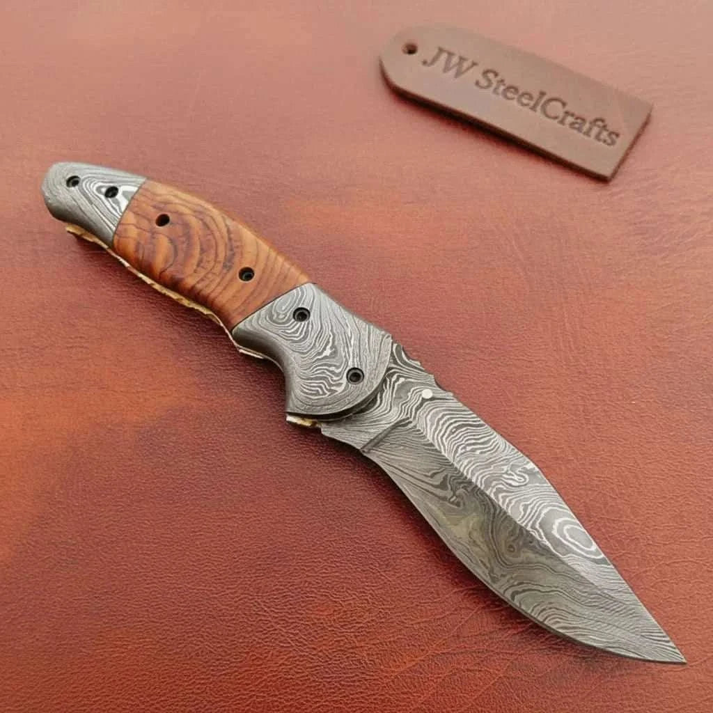 Palmarius Outdoors Handmade Damascus Steel Folding Knife with Amber Burl Wood Handle – Custom Pocket Knife by JW SteelCrafts Liner Lock Folder