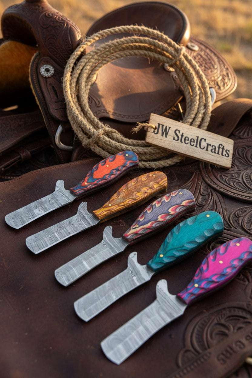 Palmarius Outdoors Wildfire Resin Bull Cutter Knife Set of 5 Handmade Damascus 7" Bull Cutter Knives Set