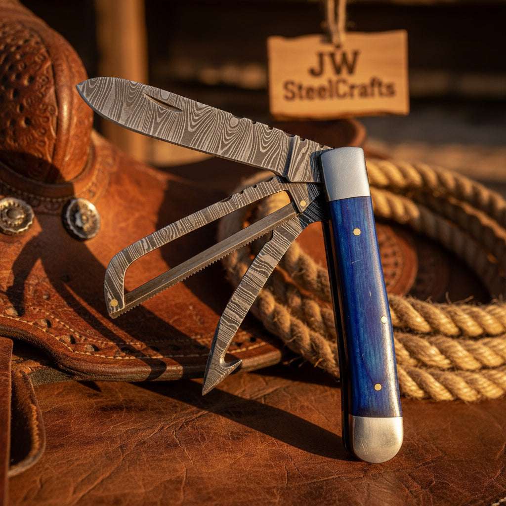 Palmarius Outdoors Midnight Blue Damascus Trapper Folder Knife 7" Handmade Two-Blade with Resin handle Trapper Knives