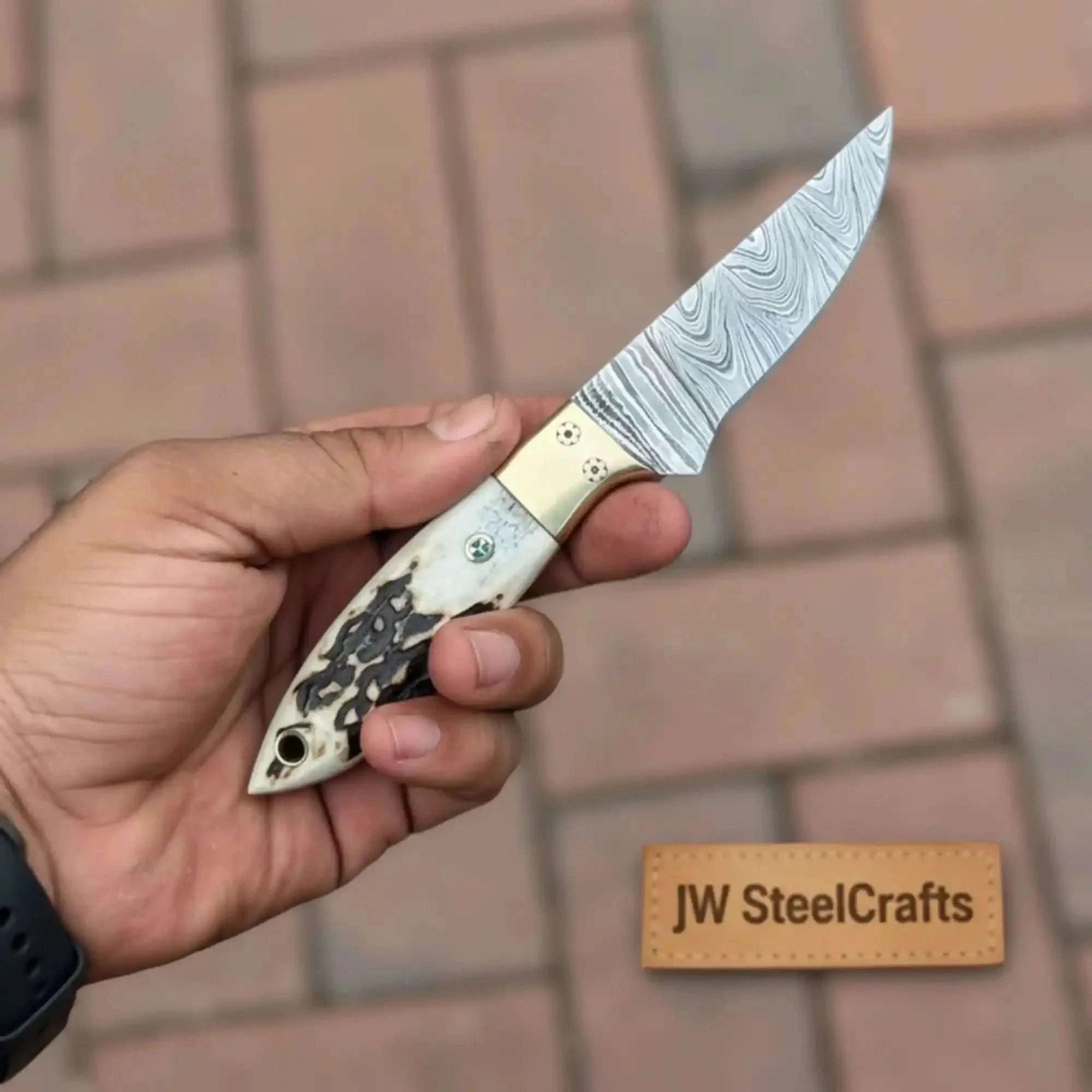 Palmarius Outdoors Handmade Damascus Drop Point EDC Knife Fixed Blade Stag Handle Brass Bolster 
