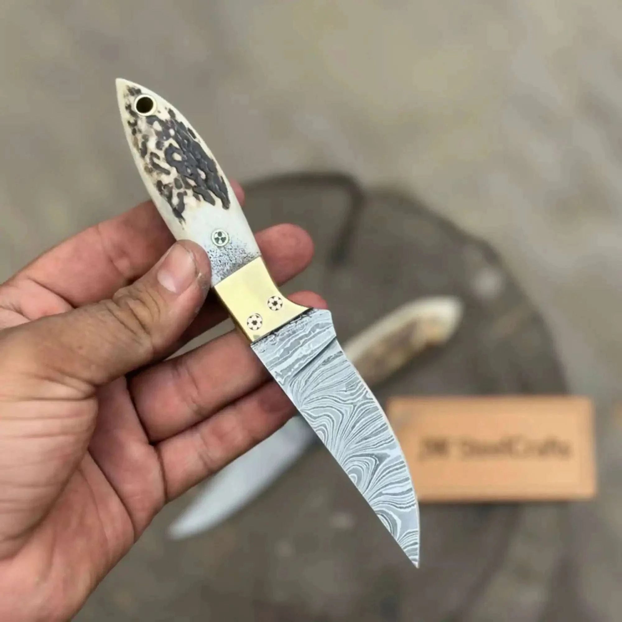 Palmarius Outdoors Handmade Damascus Drop Point EDC Knife Fixed Blade Stag Handle Brass Bolster 