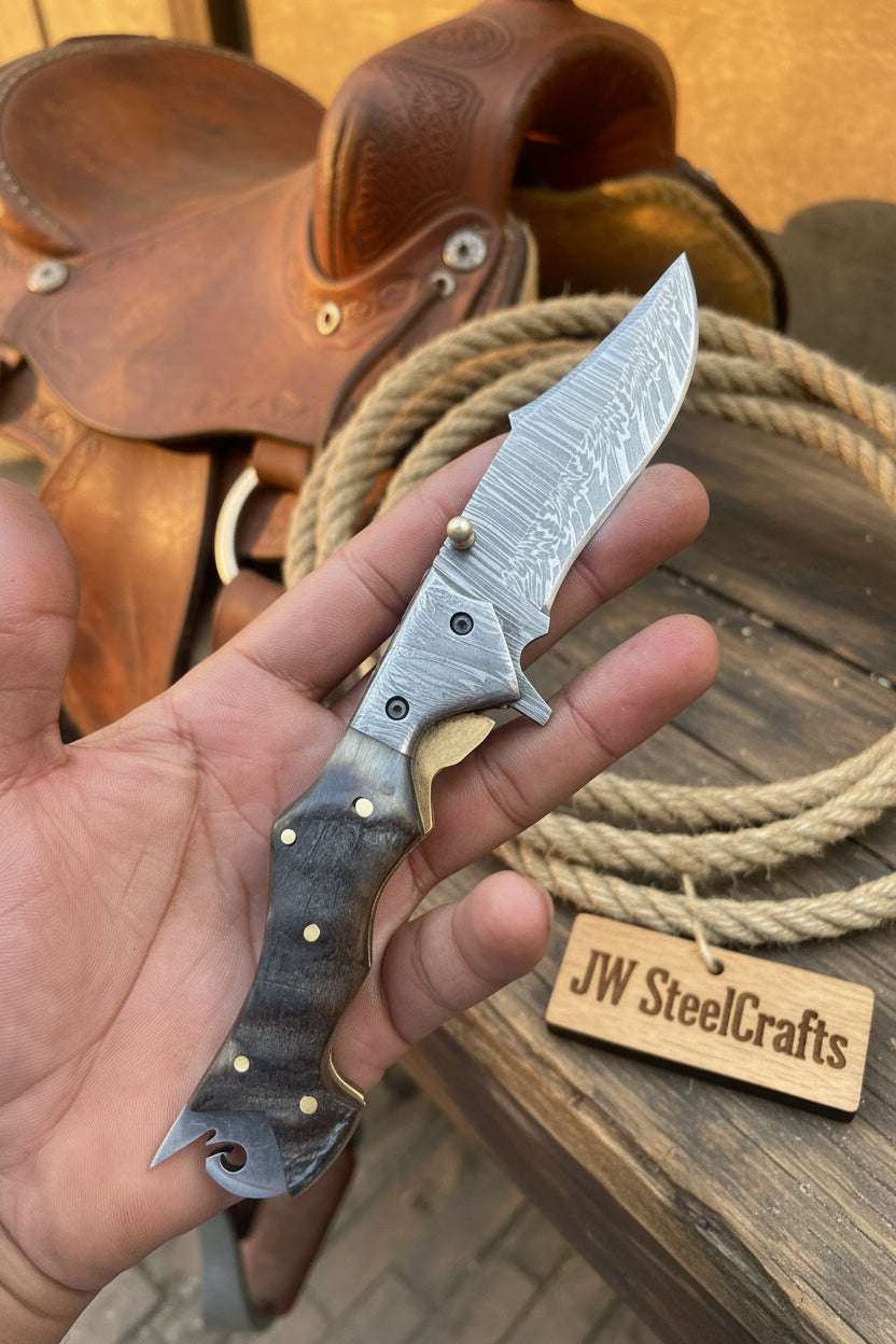 Palmarius Outdoors Grithorn Damascus Folder 7" Handmade Horn Handle Lock Back Mechanism Back Lock Folder