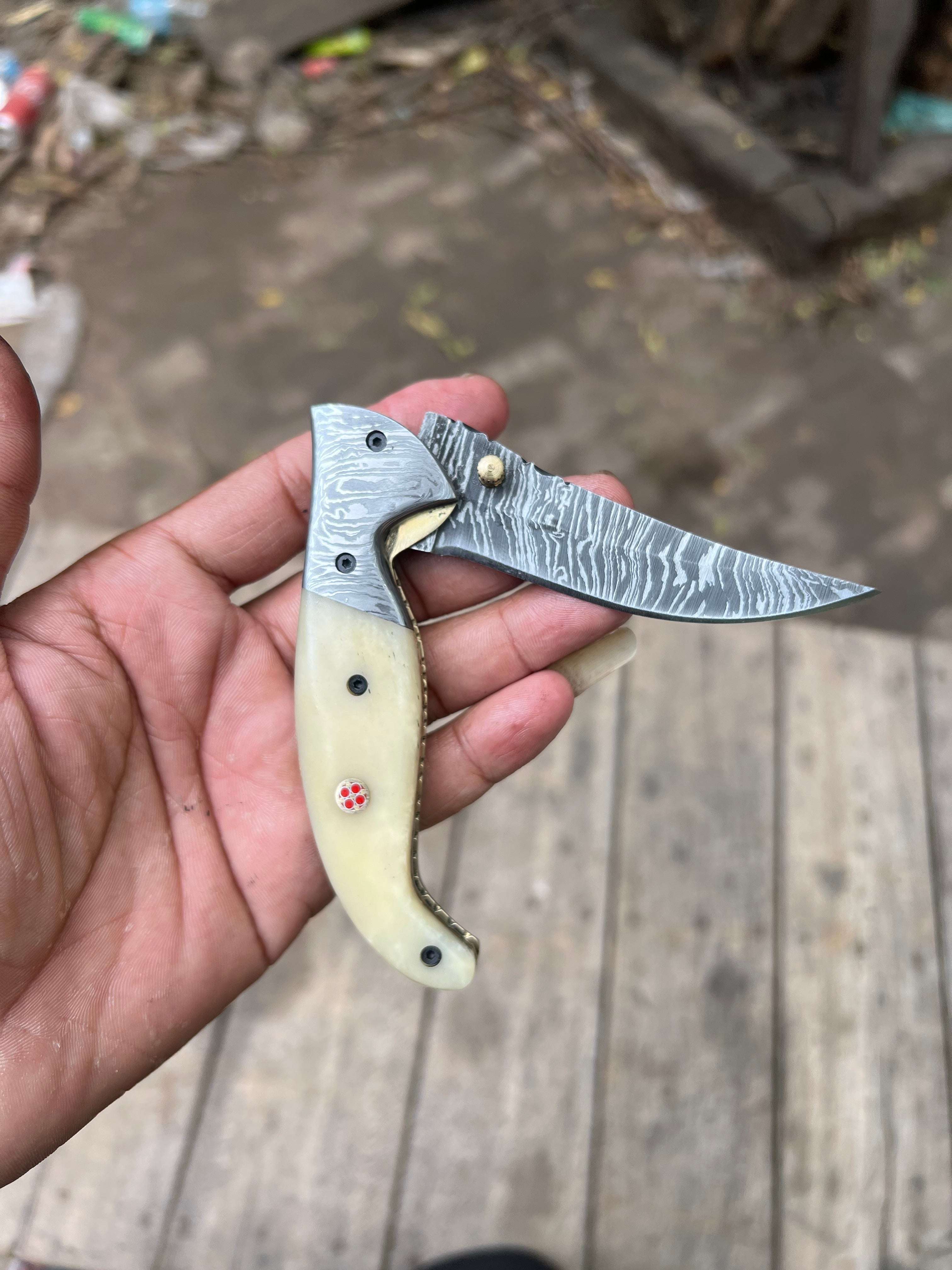 Palmarius Outdoors Frontrunner Camel Bone folding knife with Leather Sheath Liner Lock Folder