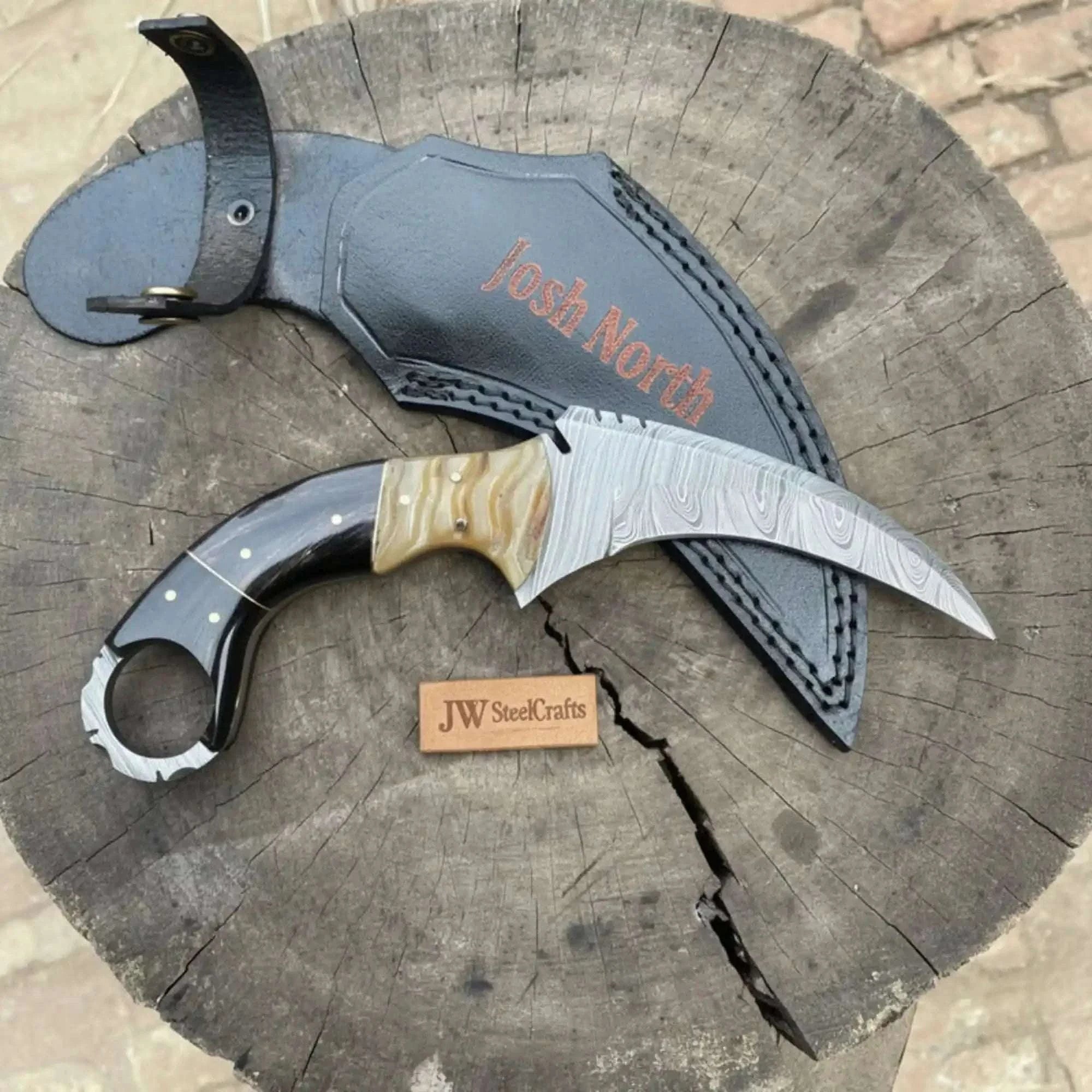 Palmarius Outdoors Karambit Style Recurve Knife Damascus Blade Finger Ring Hybrid Handle 