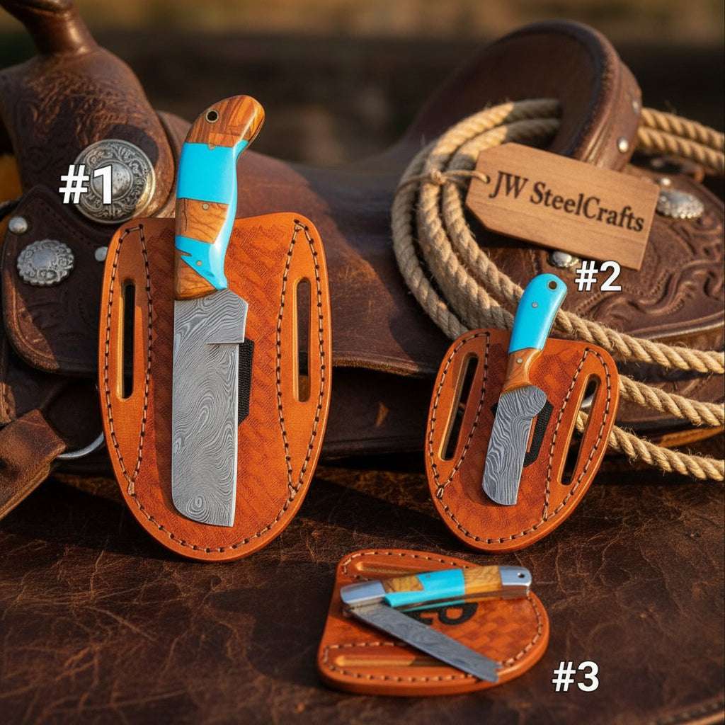 Palmarius Outdoors Turquoise Trail Bull Cutter Trio Set 3 with wood and turquoise resin Handle Bull Cutter Knives Set