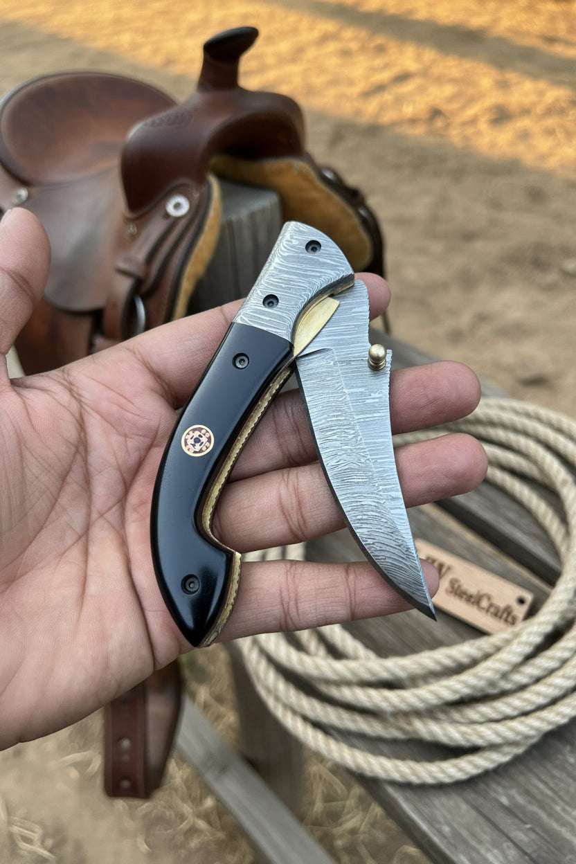 Palmarius Outdoors Darkridge Talon Folder Knife 8" Handmade Damascus Steel Hawkbill Blade Folding Knife