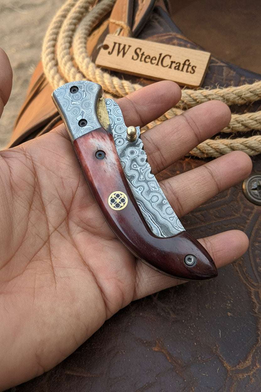 Palmarius Outdoors Twilight Burl Folder Knife 7" Handmade Burl Wood Damascus Blade Folding Knife