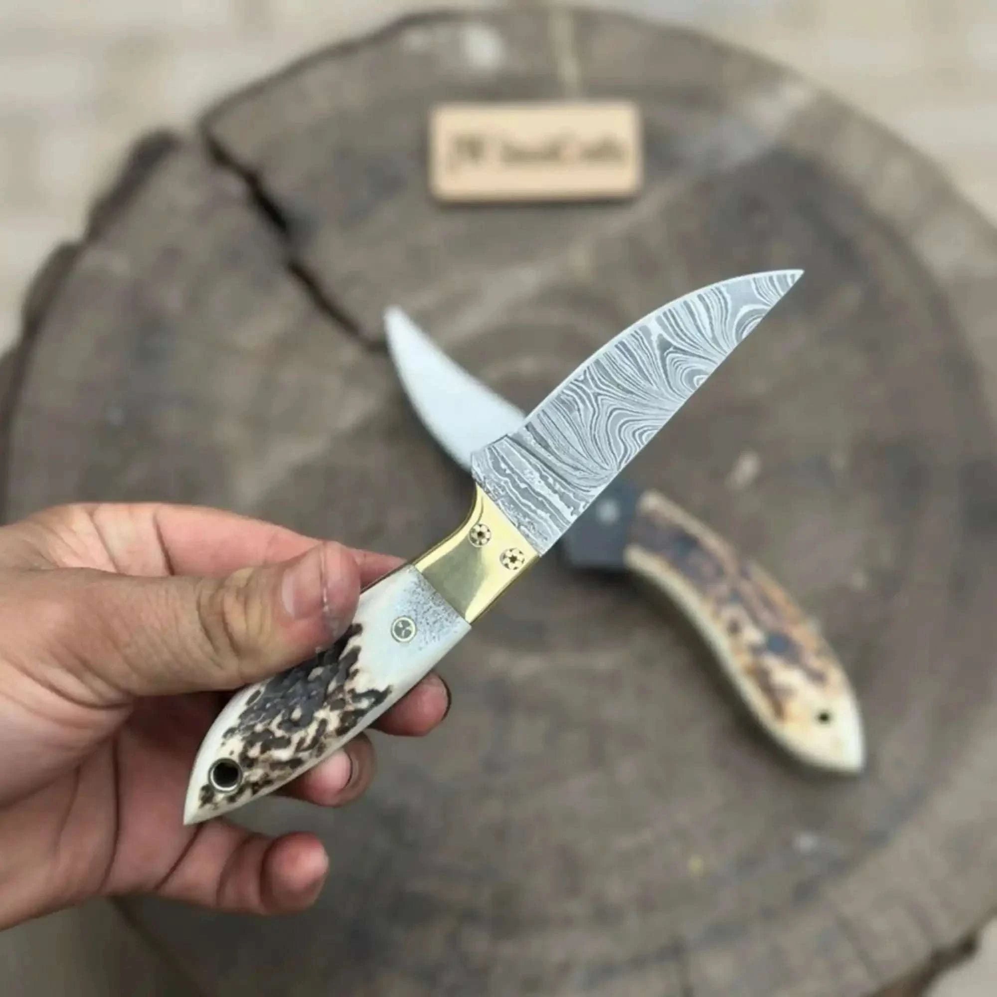 Palmarius Outdoors Nessmuk Style Knife Set Damascus and Polished Trailing Point Blades Stag Bone Handles 