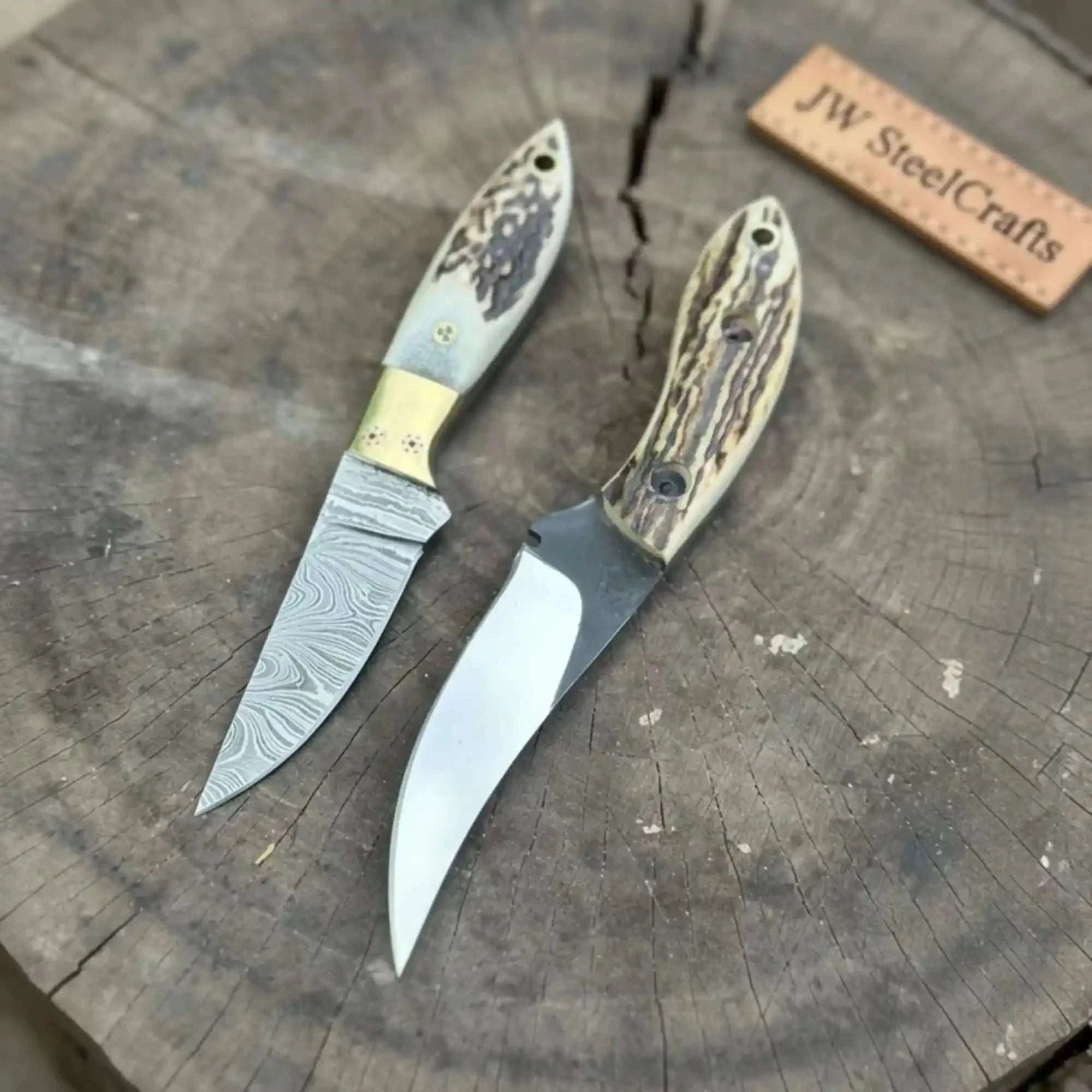 Palmarius Outdoors Nessmuk Style Knife Set Damascus and Polished Trailing Point Blades Stag Bone Handles 