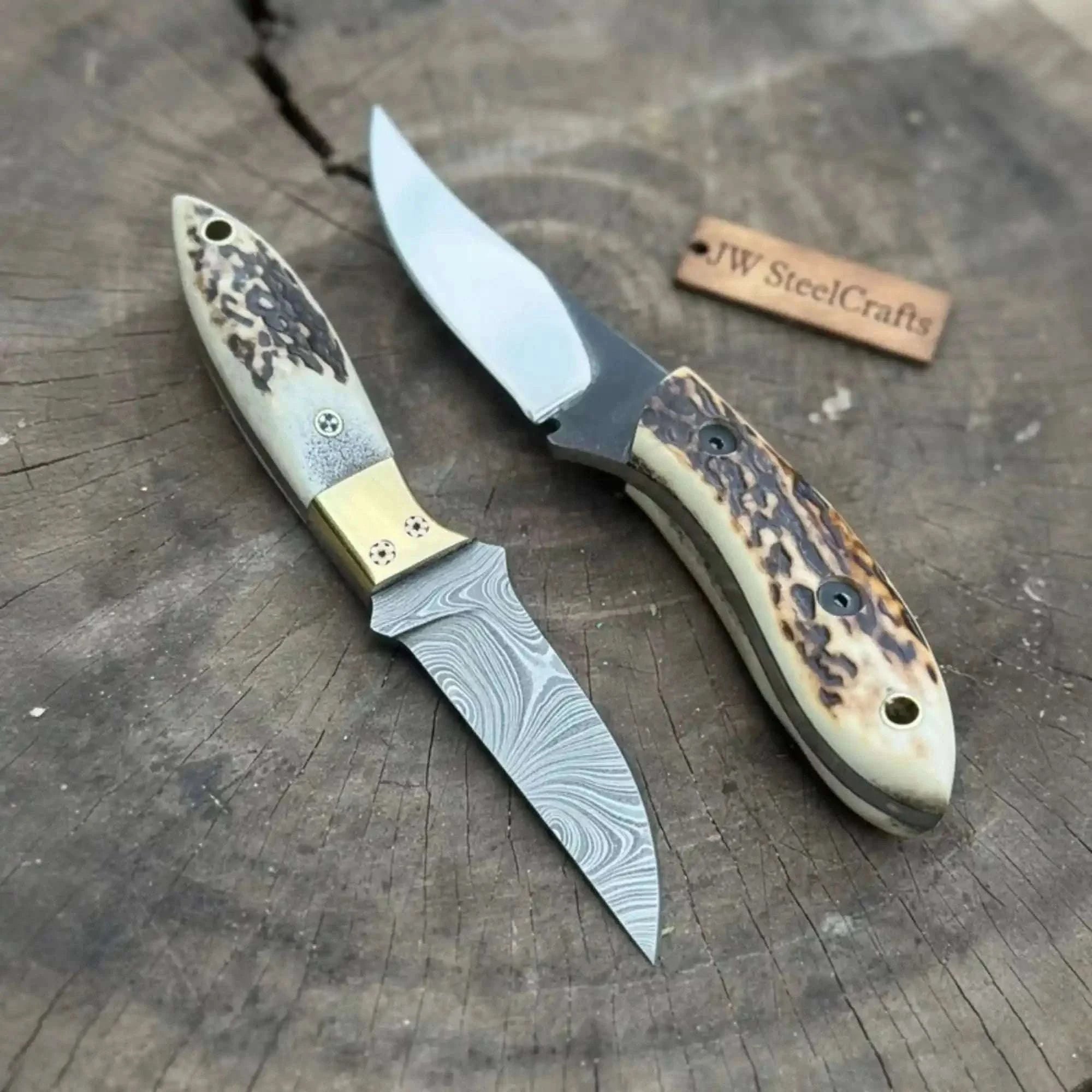 Palmarius Outdoors Nessmuk Style Knife Set Damascus and Polished Trailing Point Blades Stag Bone Handles 