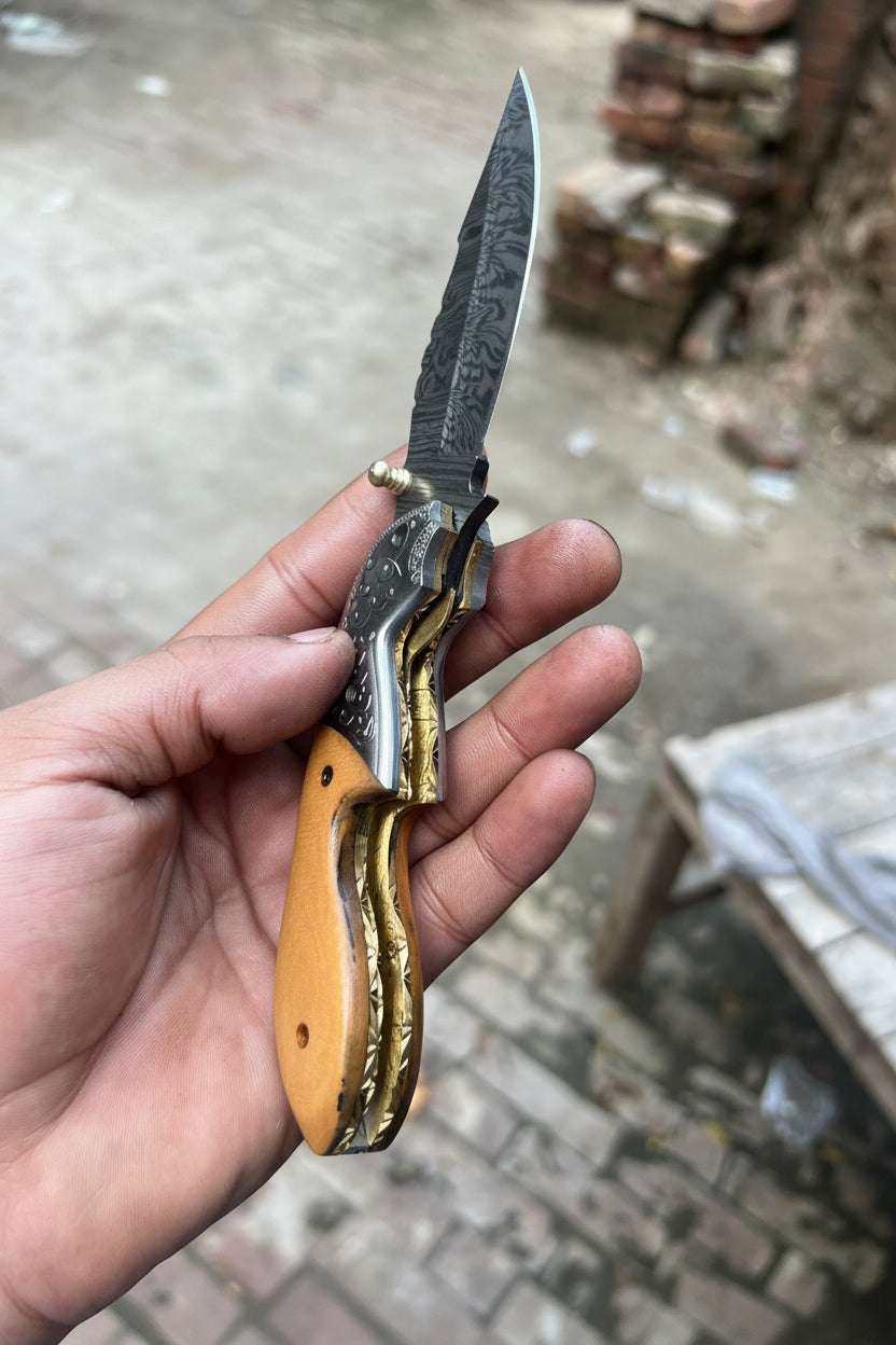 Palmarius Outdoors Honeywood Hawkbill Folder Knife 8" Handmade Wood Handle Damascus Blade Folding Knife