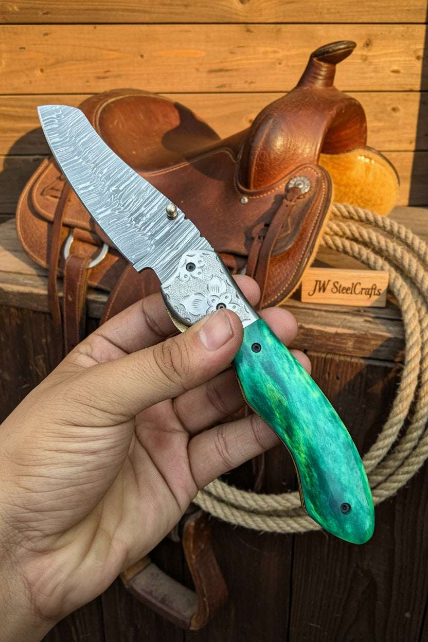 Palmarius Outdoors Jadeline Damascus Folder 7" Handmade Turquoise-Green Resin Handle Folding Knife