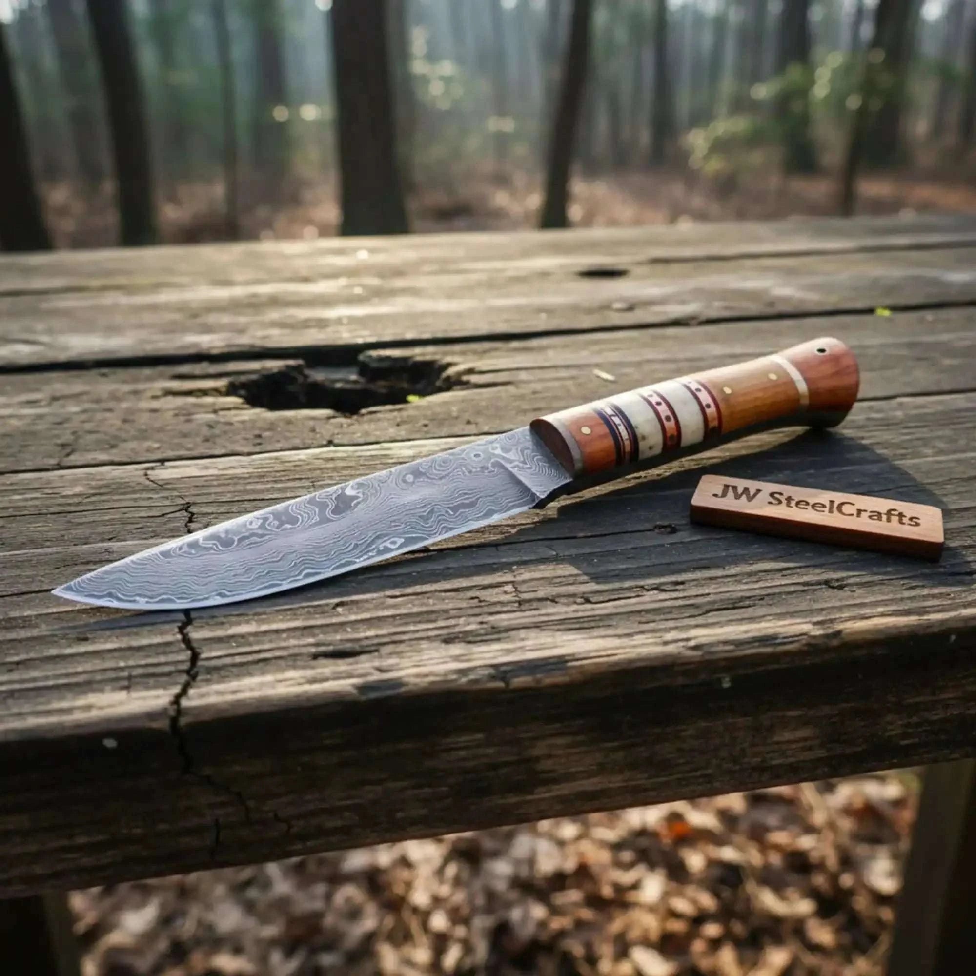 Palmarius Outdoors 10 Inch Damascus Steel Hunting Knife with Stacked Wood Handle | JW SteelCrafts Skinner Knife