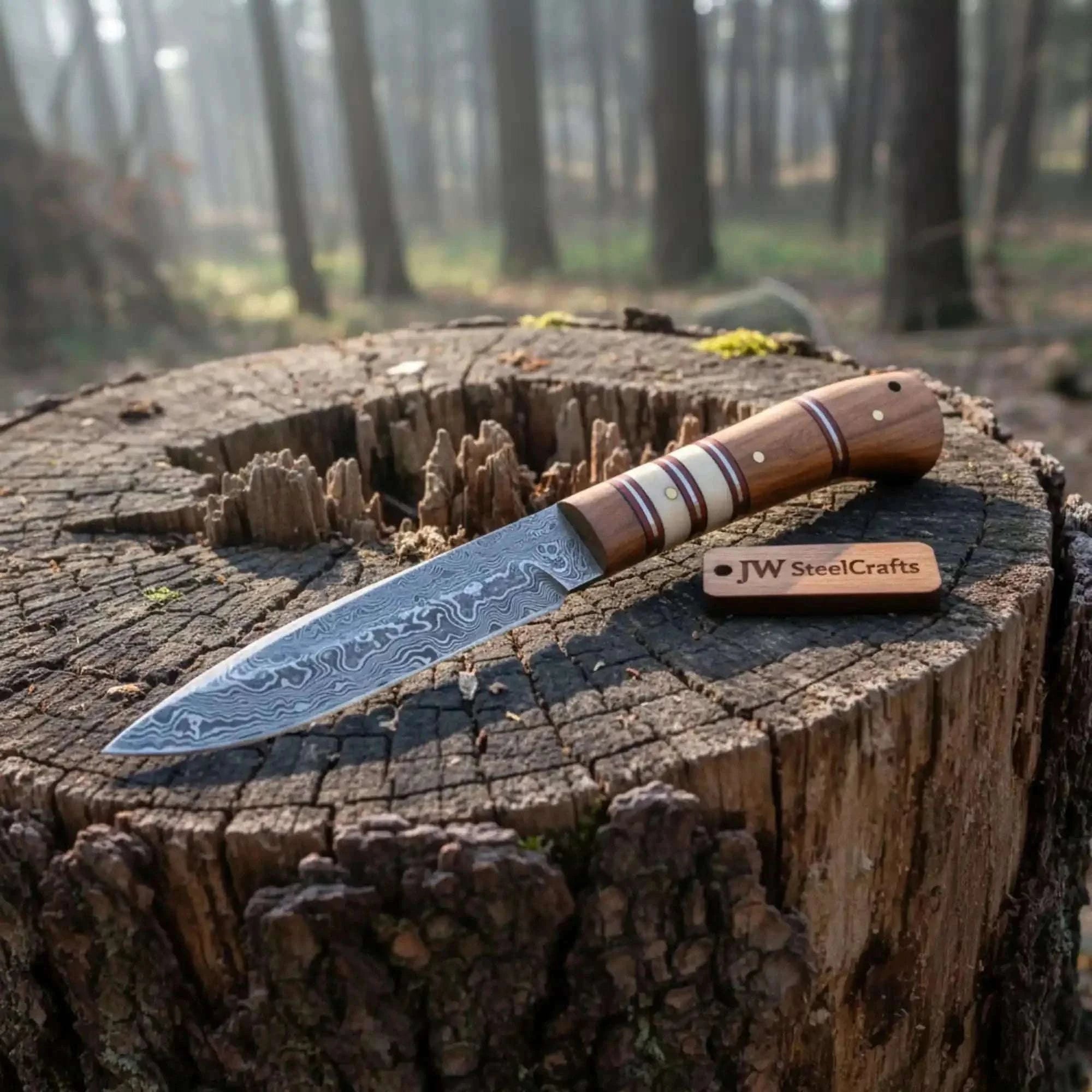 Palmarius Outdoors 10 Inch Damascus Steel Hunting Knife with Stacked Wood Handle | JW SteelCrafts Skinner Knife