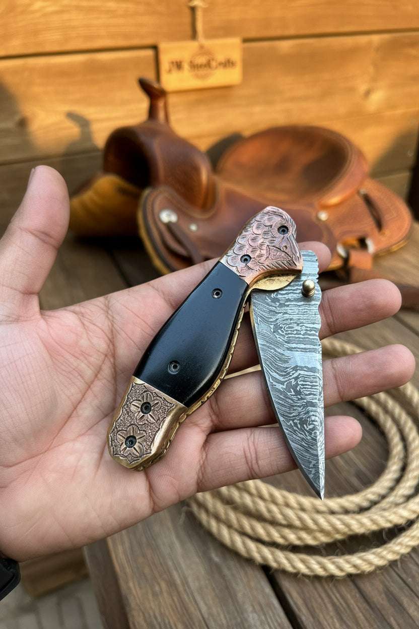 Palmarius Outdoors Duskhorn Damascus Folder 7.5" Handmade Micarta Handle Horn Bolster Folding Knife