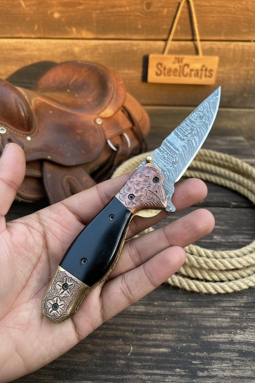 Palmarius Outdoors Duskhorn Damascus Folder 7.5" Handmade Micarta Handle Horn Bolster Folding Knife