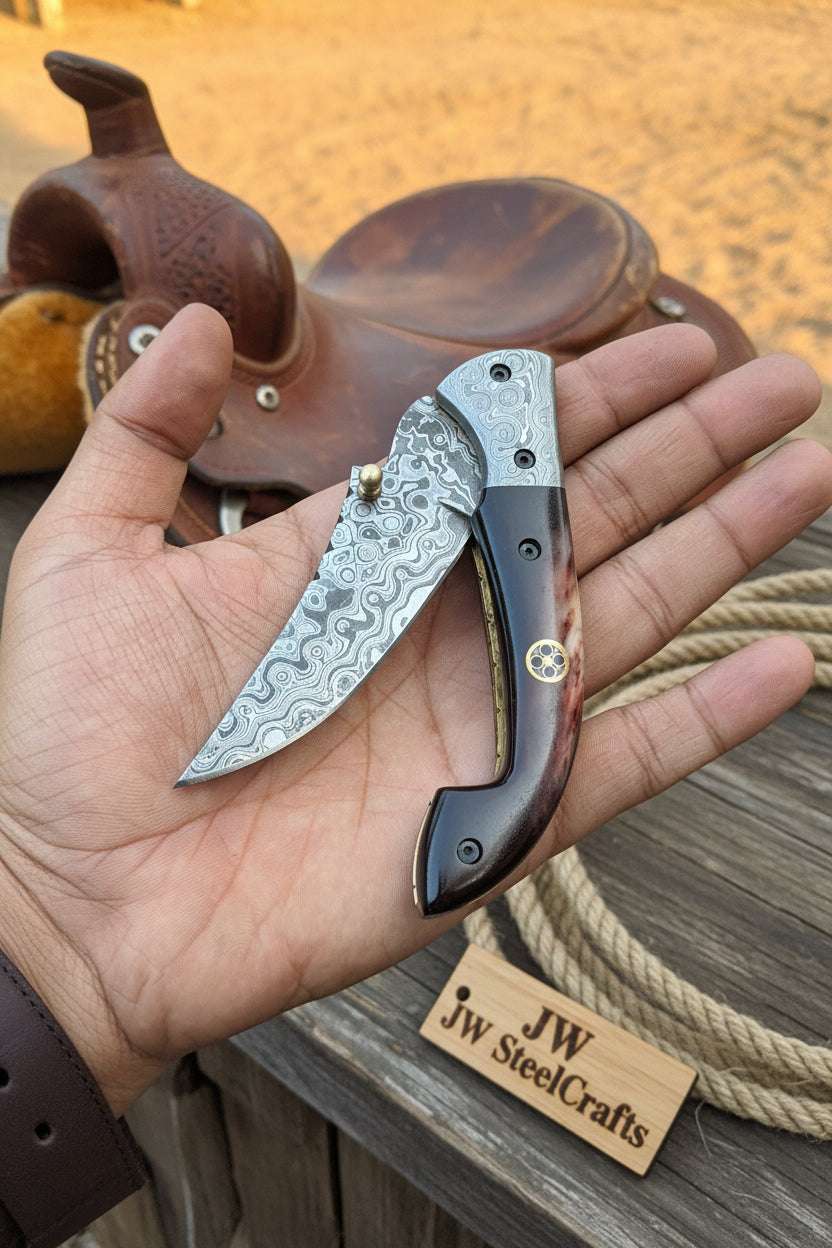 Palmarius Outdoors Twilight Burl Folder Knife 7" Handmade Burl Wood Damascus Blade Folding Knife