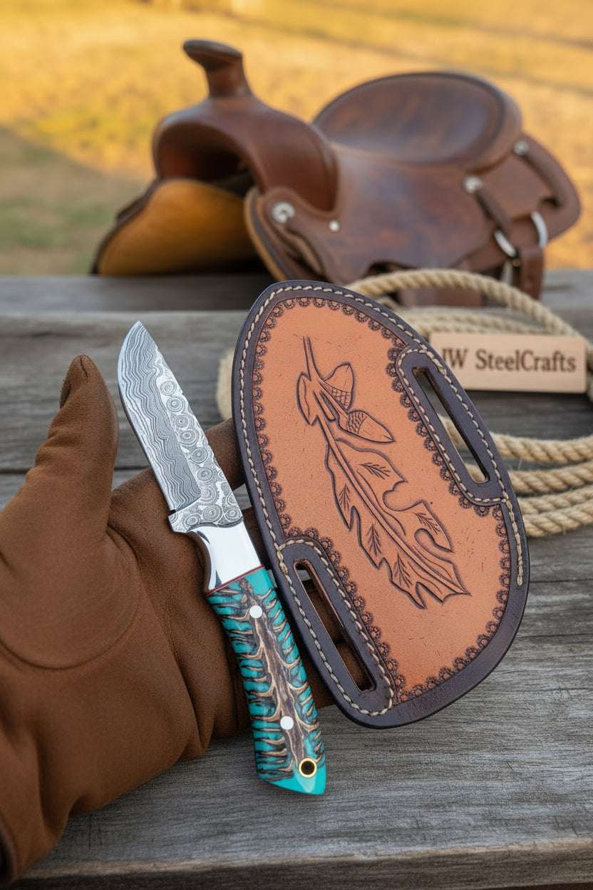 Palmarius Outdoors Turquoise Cowboy Silhouette Skinner Knife 7" Handmade Damascus Resin Handle Skinner Knife
