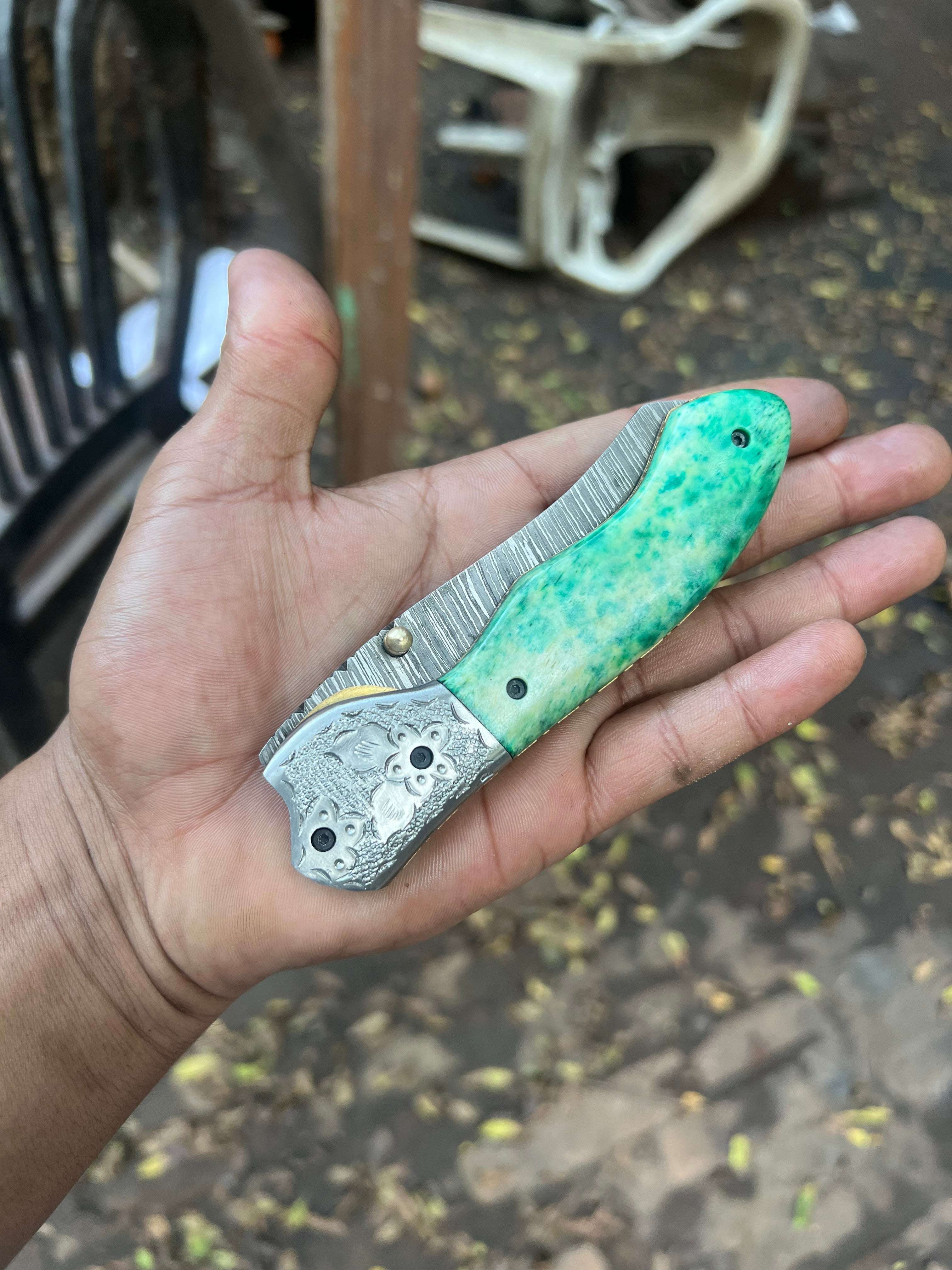 Palmarius Outdoors Jadeline Damascus Folder 7" Handmade Turquoise-Green Resin Handle Folding Knife