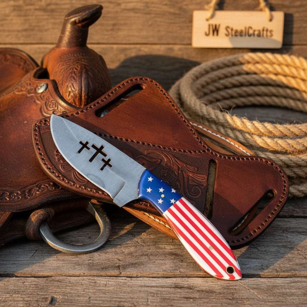 Palmarius Outdoors Old Glory Skinner Knife 8.5" Handmade Damascus American Flag Handle Skinner Knife