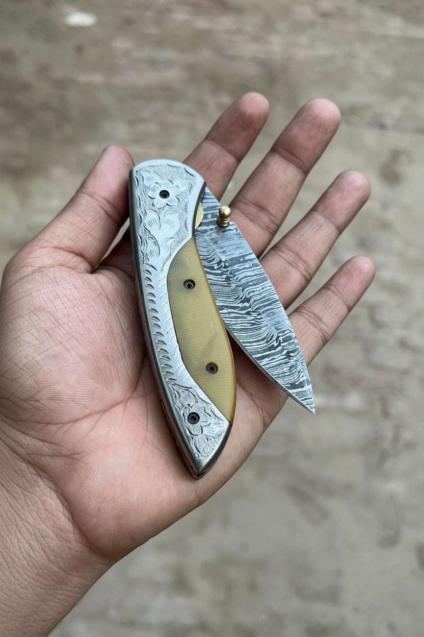 Palmarius Outdoors Boneridge Damascus Folder 7" Premium Bone Handle with Damascus Bolster Folding Knife