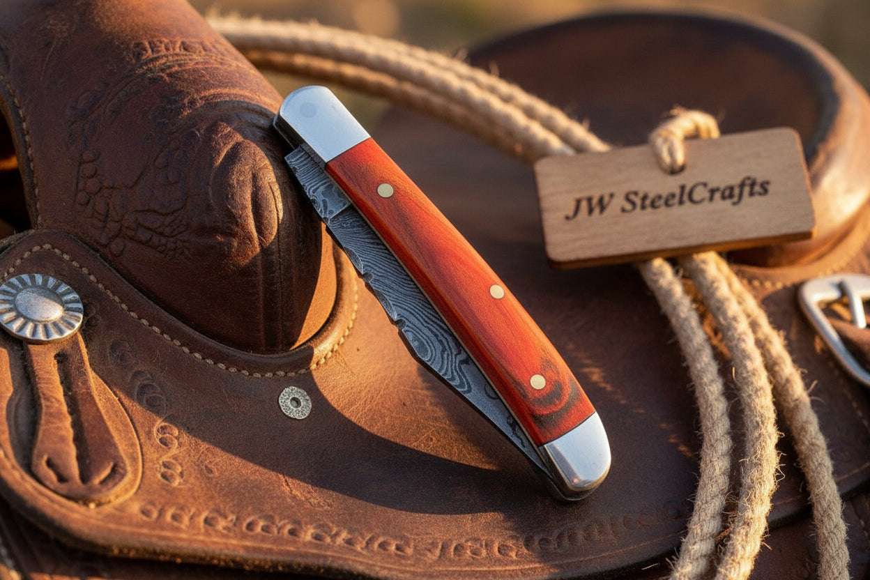 Palmarius Outdoors Redsaddle Folding Knife 7" Handmade Damascus Steel Pocket Knife Folding Knife