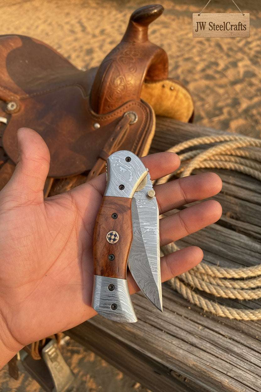 Palmarius Outdoors Dusty Trail Pocket Knife 7" Handmade Damascus Steel Folding Knife | JW Steelcrafts Folding Knife