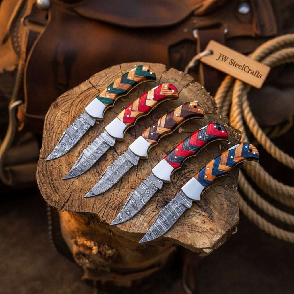 Palmarius Outdoors Wovencord Pocket Knife Set 8.5" Handmade Set of 5 Damascus Steel Blades Folding Knife