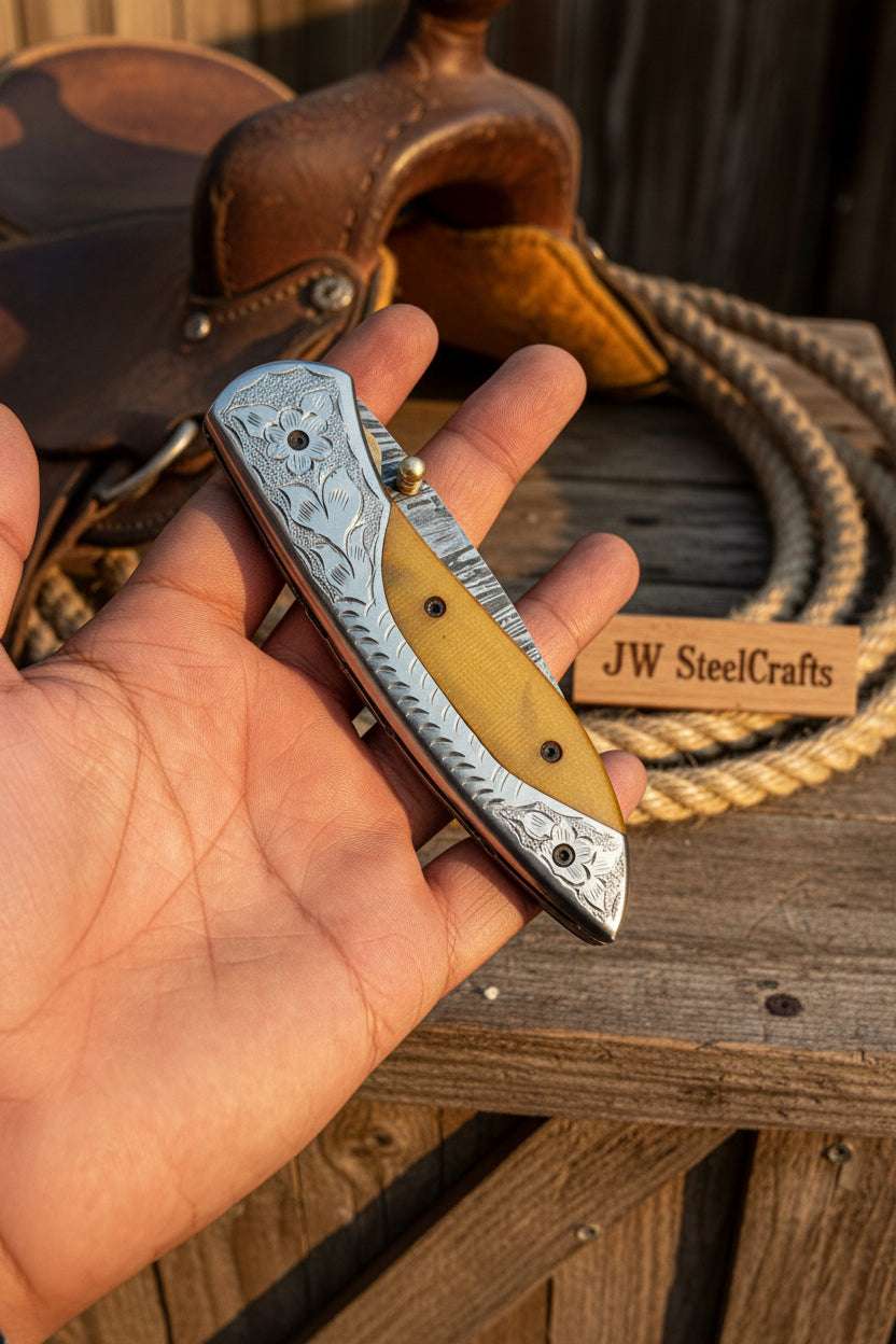 Palmarius Outdoors Boneridge Damascus Folder 7" Premium Bone Handle with Damascus Bolster Folding Knife