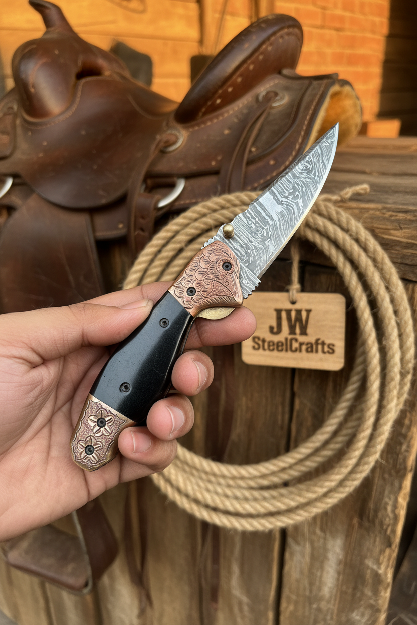 Palmarius Outdoors Duskhorn Damascus Folder 7.5" Handmade Micarta Handle Horn Bolster Folding Knife