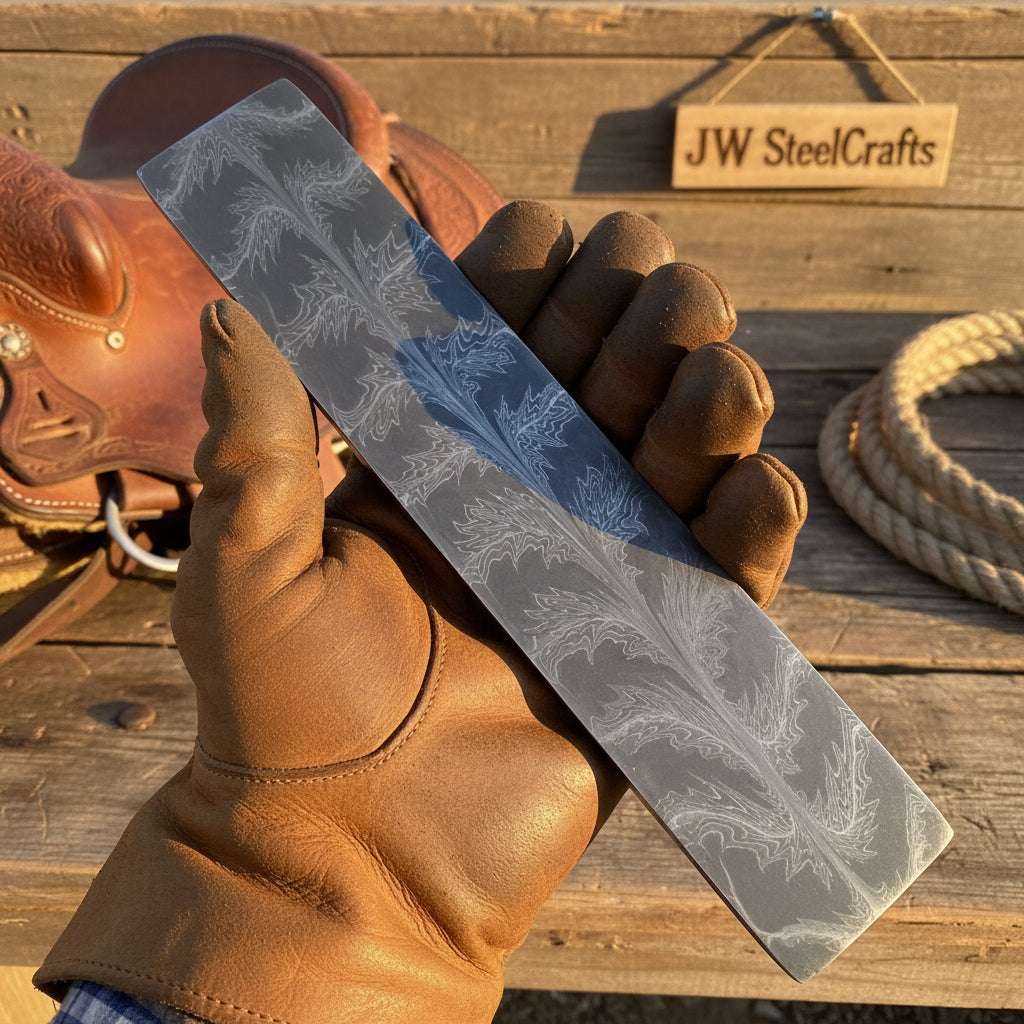 Palmarius Outdoors Frostleaf Damascus Billet 14" Handmade Feather Leaf Pattern Bullet bar