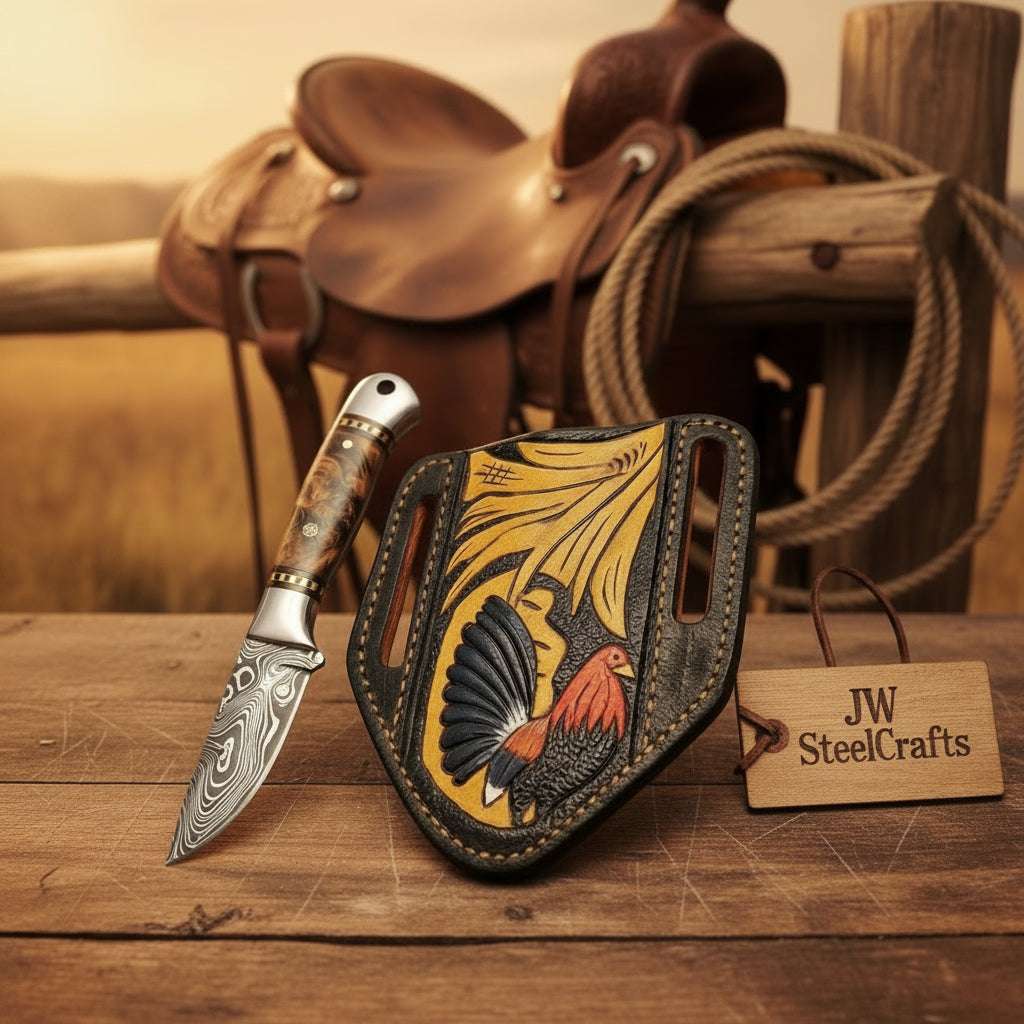 Palmarius Outdoors Amber Burl Buckaroo Knife 7" Handmade Damascus Steel with wood handle 