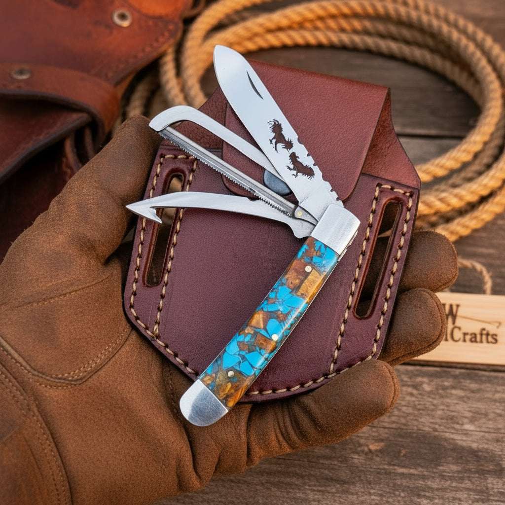 Palmarius Outdoors Turquoise Bronco Trapper Folder Knife 7" Handmade Slip Joint Trapper Knives