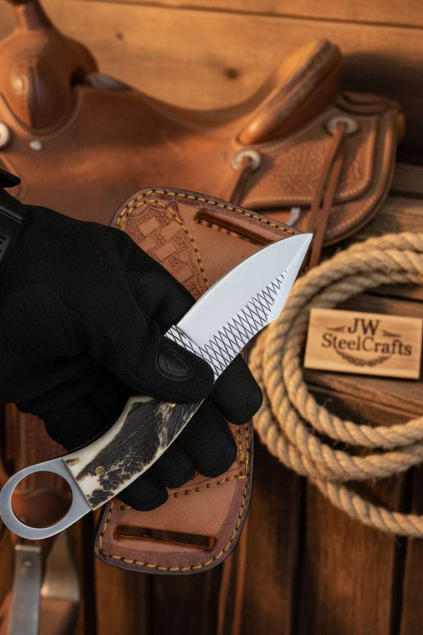 Palmarius Outdoors Sundance Tracker Knife 9" Handmade Carbon Steel with Finger Ring Detail Tracker Knife