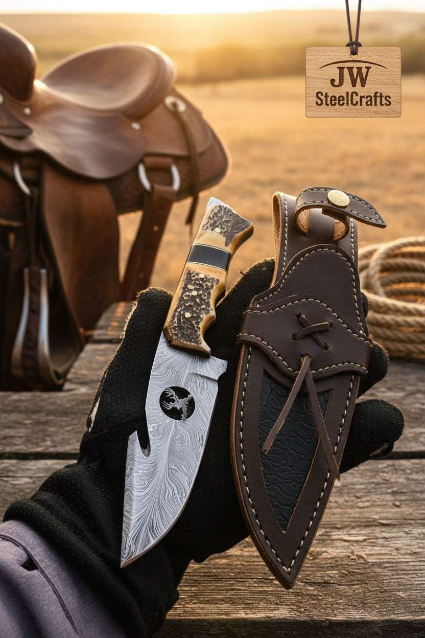 Palmarius Outdoors Antlerhook Field Knife 9" Handmade Damascus Natural Stag Horn Handmade Gut Hook Knives