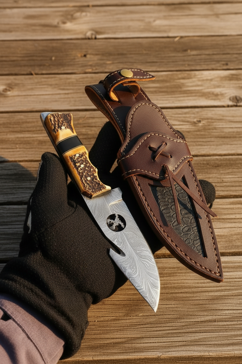 Palmarius Outdoors Antlerhook Field Knife 9" Handmade Damascus Natural Stag Horn Handmade Gut Hook Knives