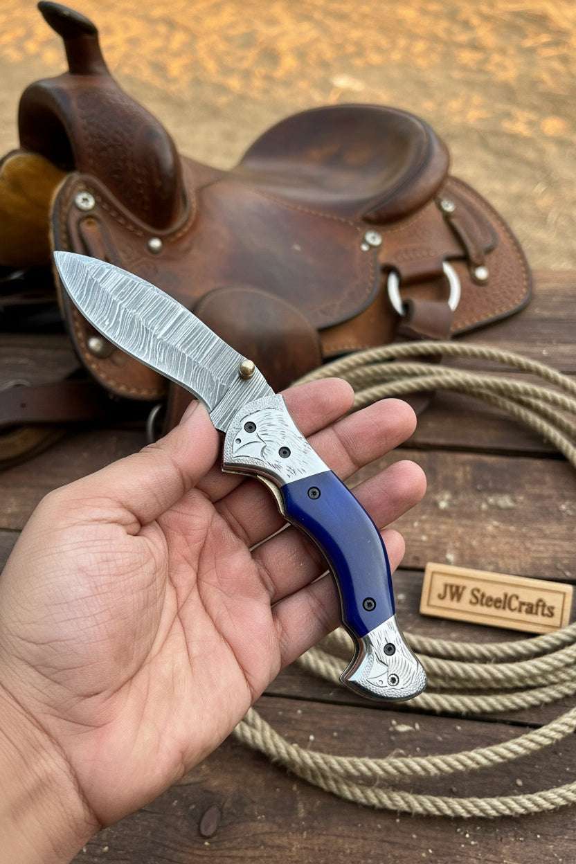 Palmarius Outdoors Silverline Ridge Curved Folder Knife 8" Handmade Damascus Steel Resin Handle Folding Knife