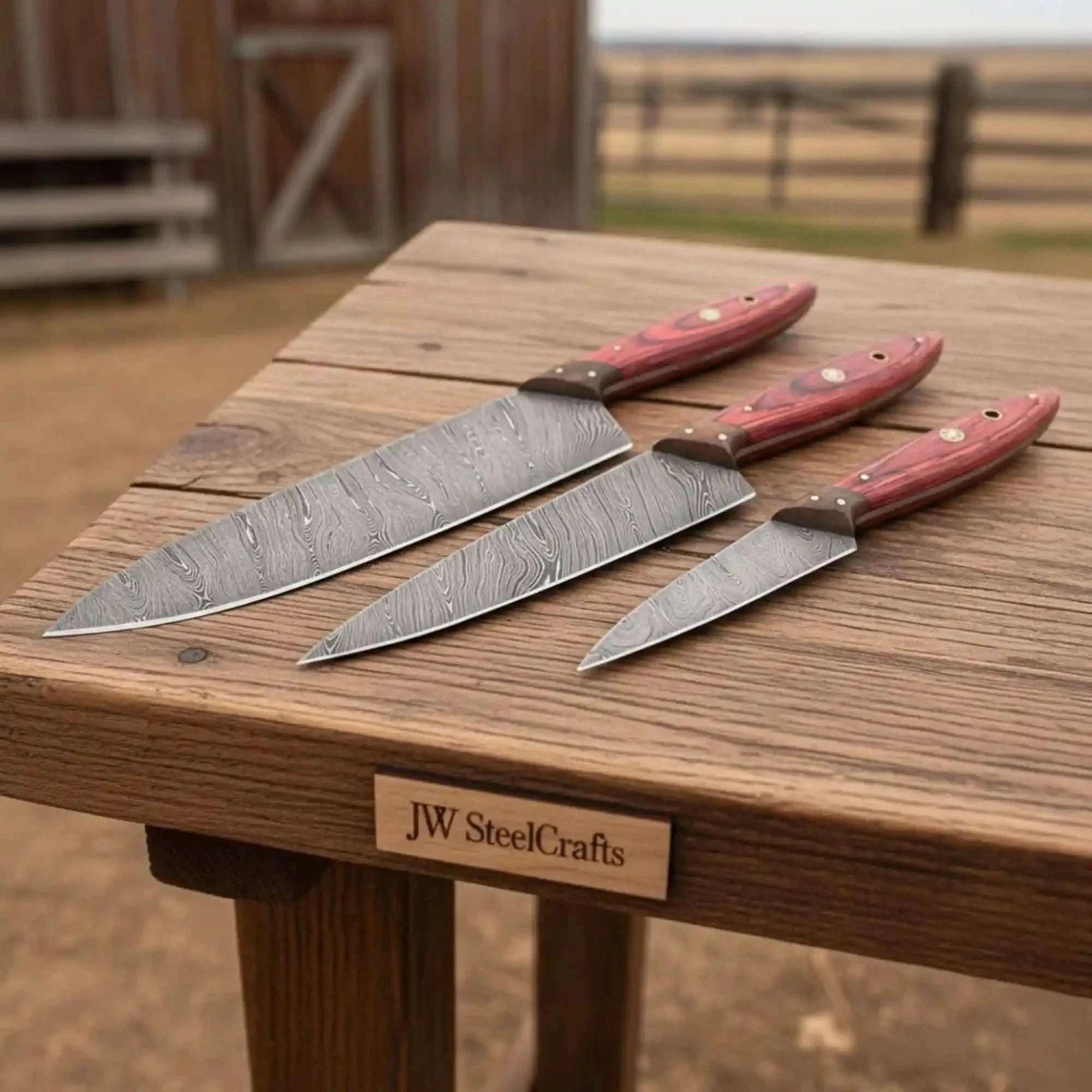 Palmarius Outdoors Hand Forged 3-Piece Damascus Chef Knife Set — 14, 12 & 9 Inch Blades Handmade Chef Knife Sets