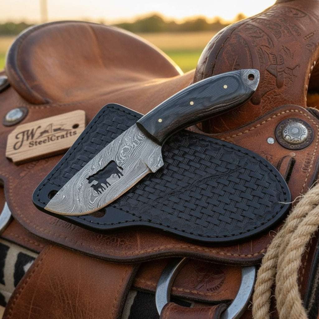 Palmarius Outdoors Longhorn Cattle Cross Ranch Knife 6" Handmade Damascus Black Micarta Handle 