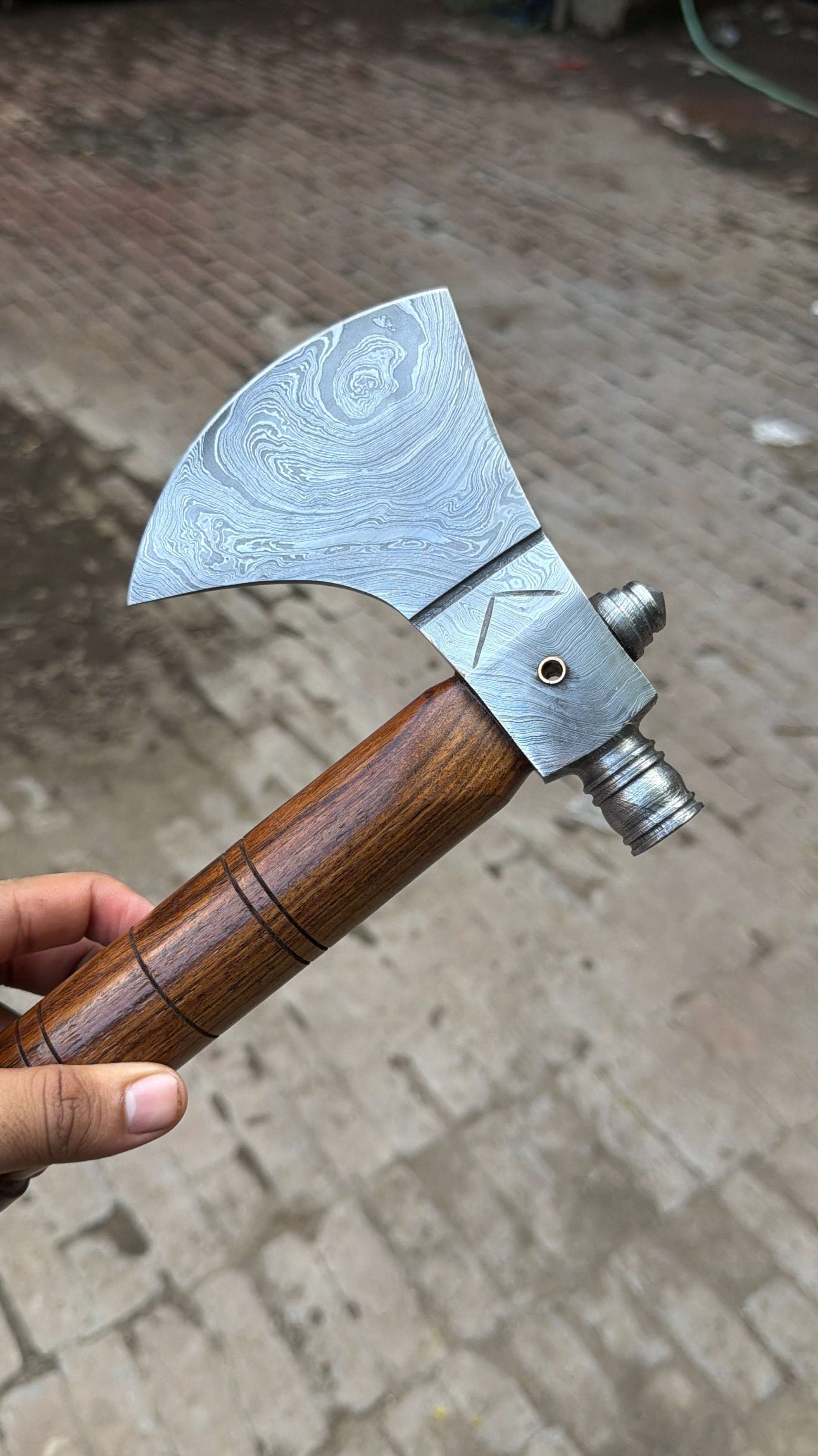 Palmarius Outdoors Hand Forged Damascus Smoking Axe with Ringed Hardwood Handle and Leather Sheath | JW SteelCrafts Handmade Axe